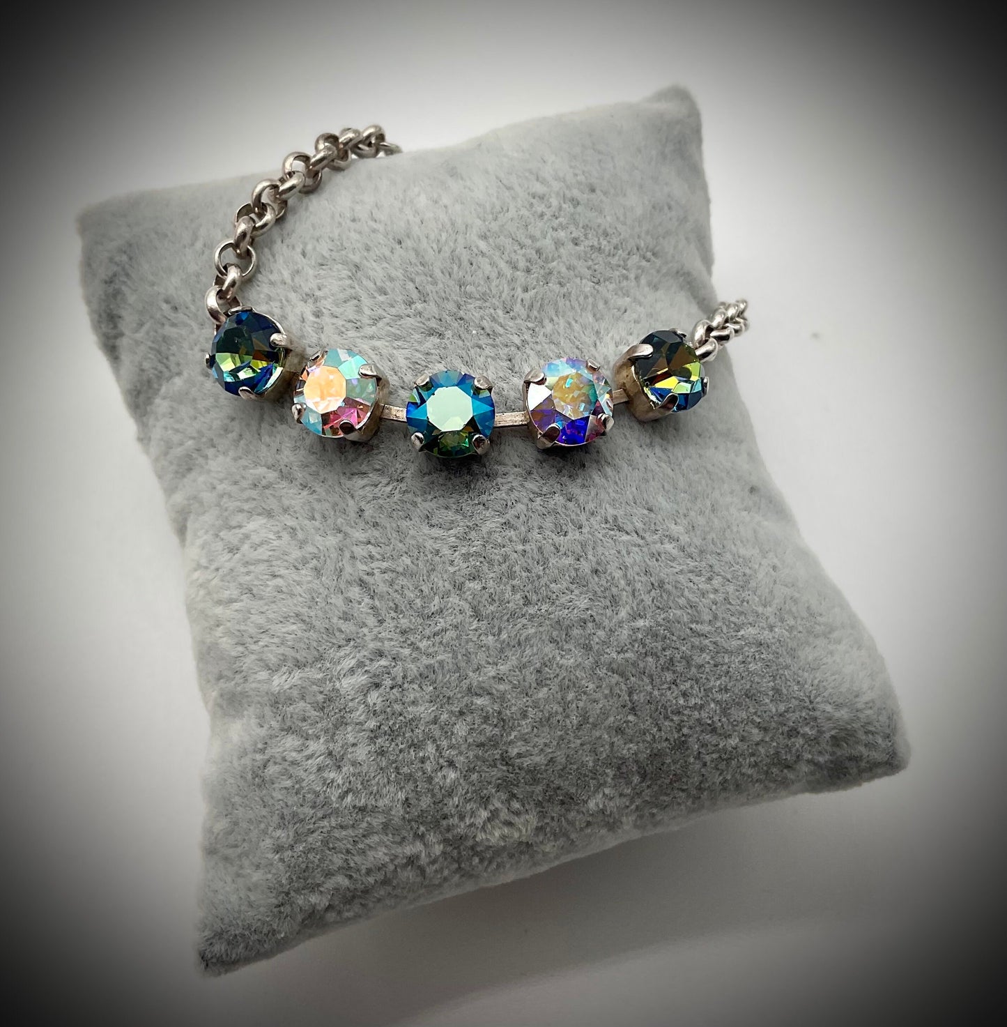 Genuine Swarovski Crystal Silver Bracelet with Blue and Pink Crystals on a Cup Chain