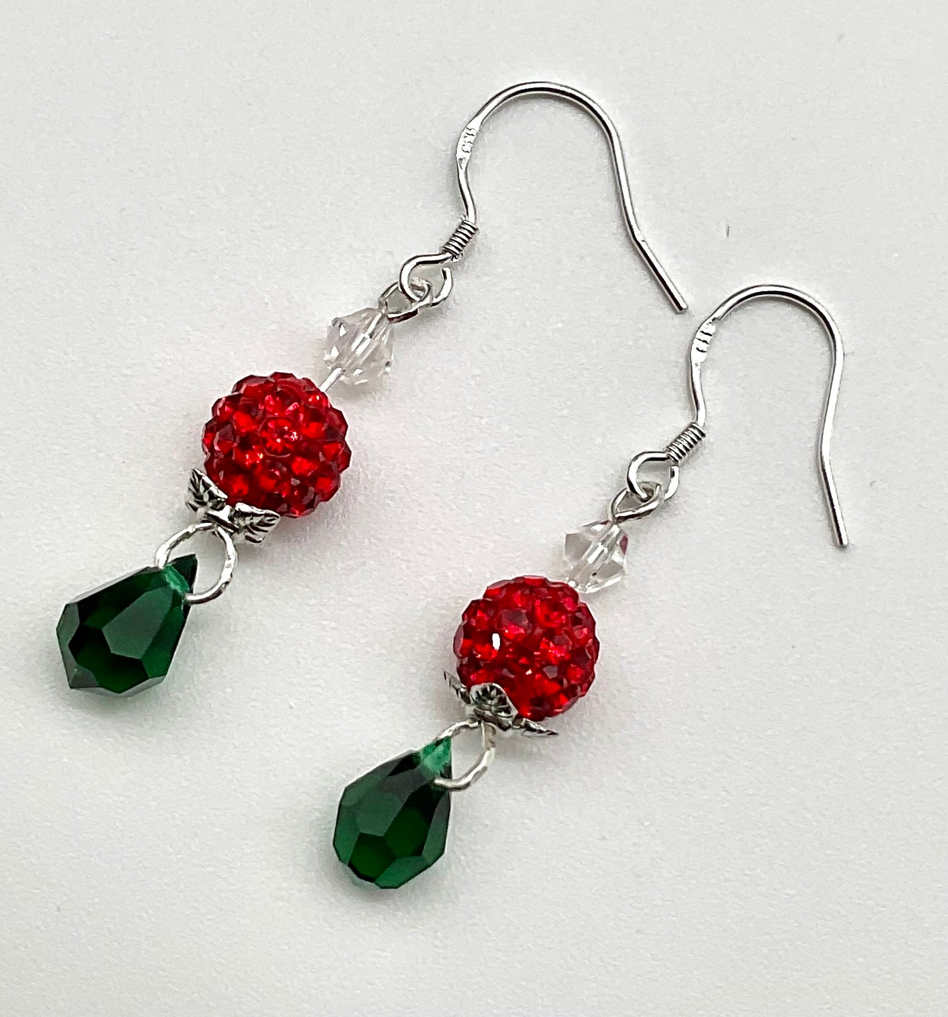 Christmas - Holiday Crystal Drop Dangle Earrings Red and Green Bead Accents