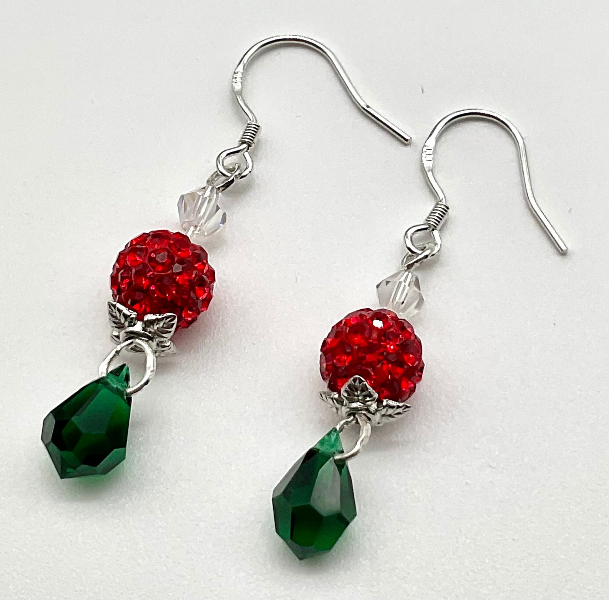 Christmas - Holiday Crystal Drop Dangle Earrings Red and Green Bead Accents