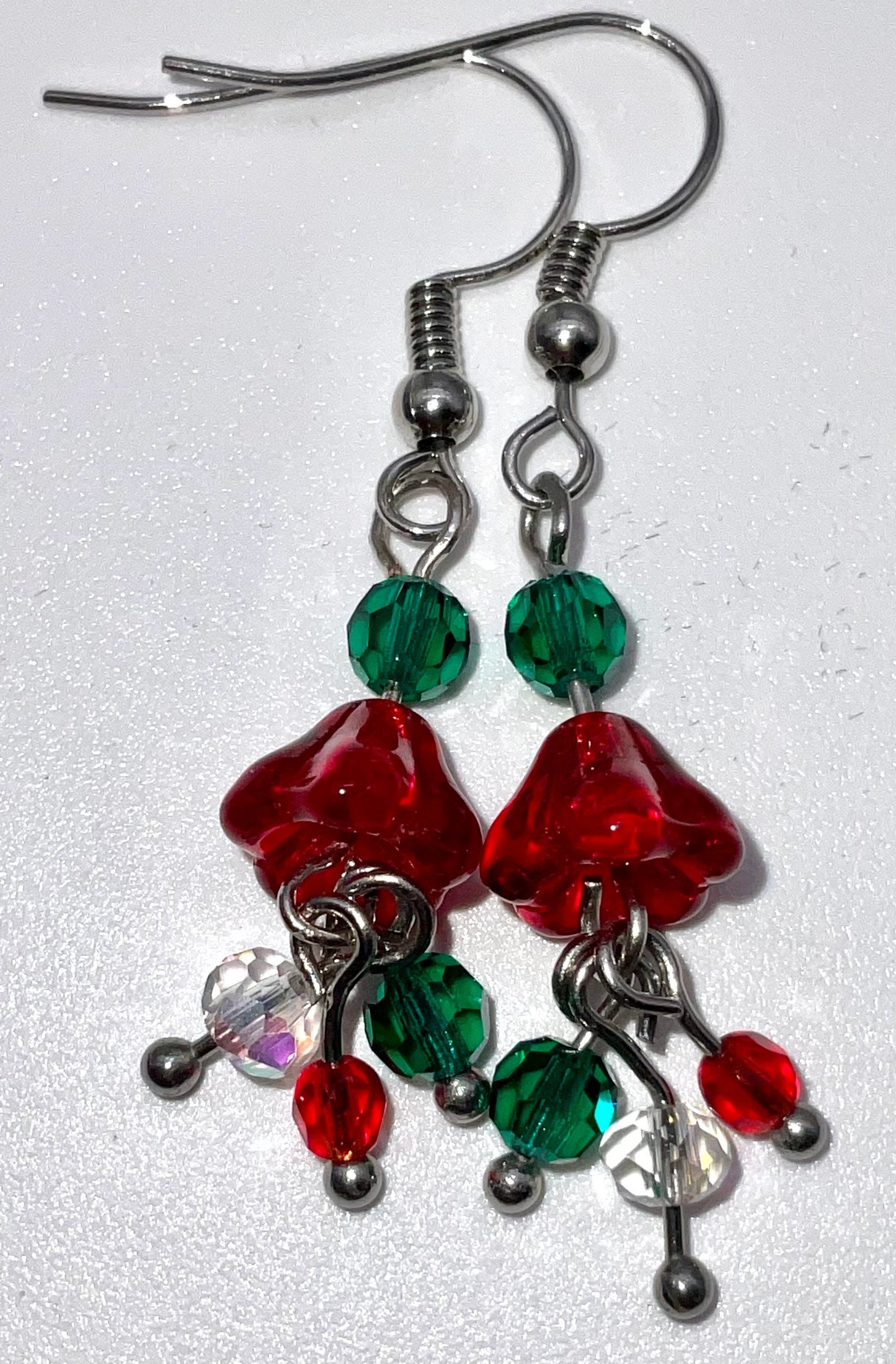 Christmas - Holiday Crystal Drop Dangle Earrings Red White and Green Bead Accents