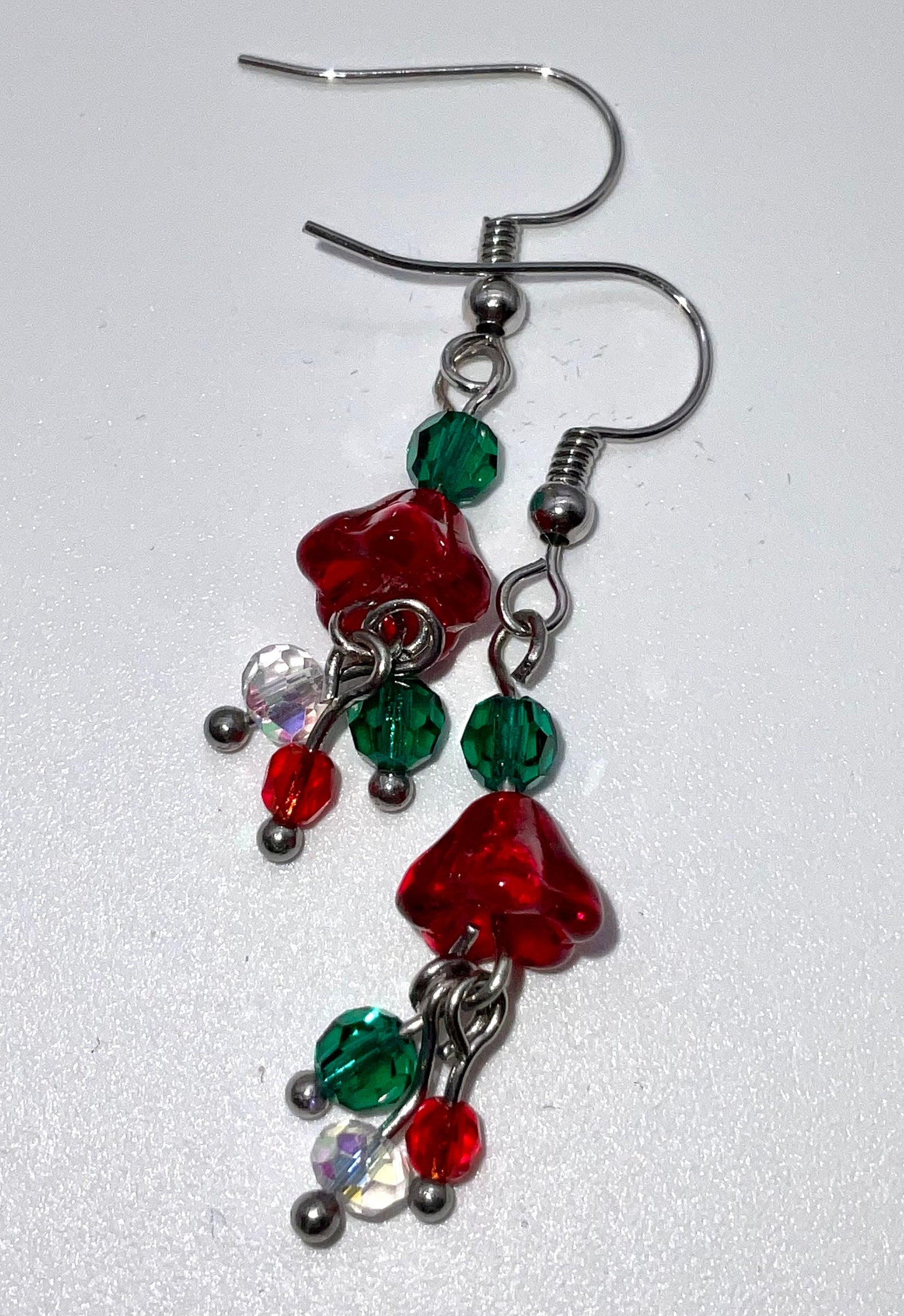 Christmas - Holiday Crystal Drop Dangle Earrings Red White and Green Bead Accents