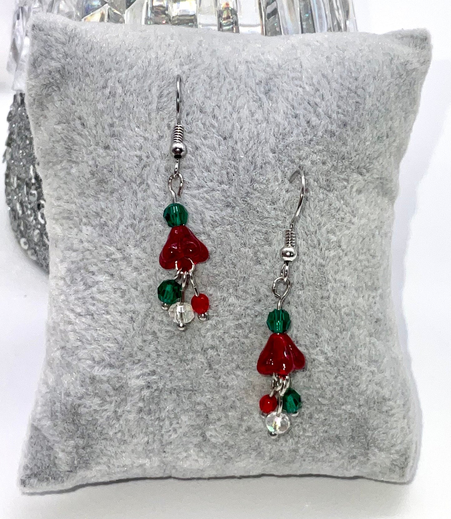 Christmas - Holiday Crystal Drop Dangle Earrings Red White and Green Bead Accents