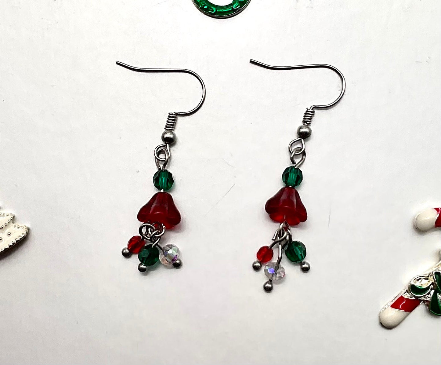 Christmas - Holiday Crystal Drop Dangle Earrings Red White and Green Bead Accents