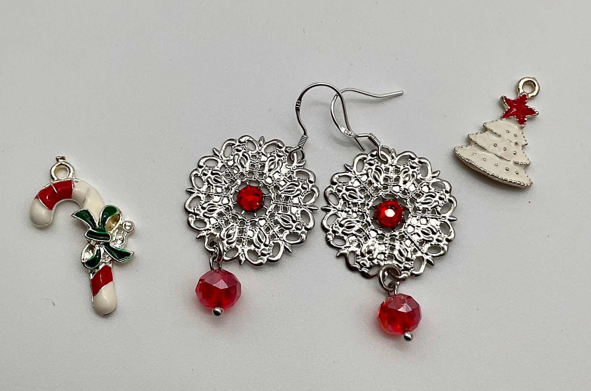 Silver Red Rhinestone Accent Round Dangle Earrings Christmas Holiday Jewelry