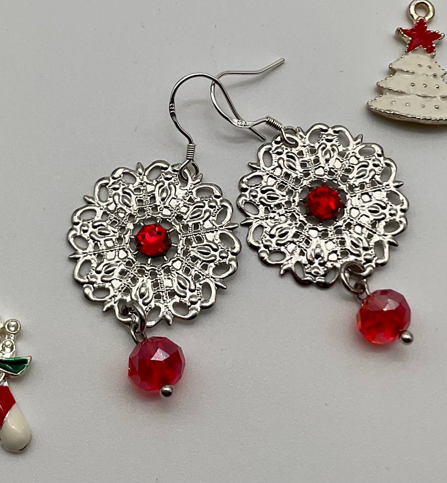 Silver Red Rhinestone Accent Round Dangle Earrings Christmas Holiday Jewelry