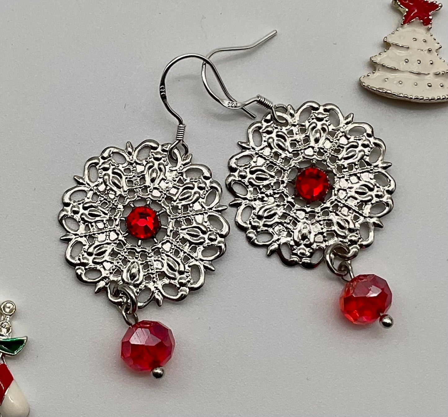 Silver Red Rhinestone Accent Round Dangle Earrings Christmas Holiday Jewelry