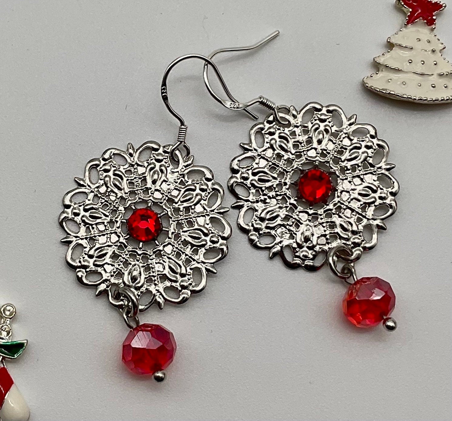 Silver Red Rhinestone Accent Round Dangle Earrings Christmas Holiday Jewelry