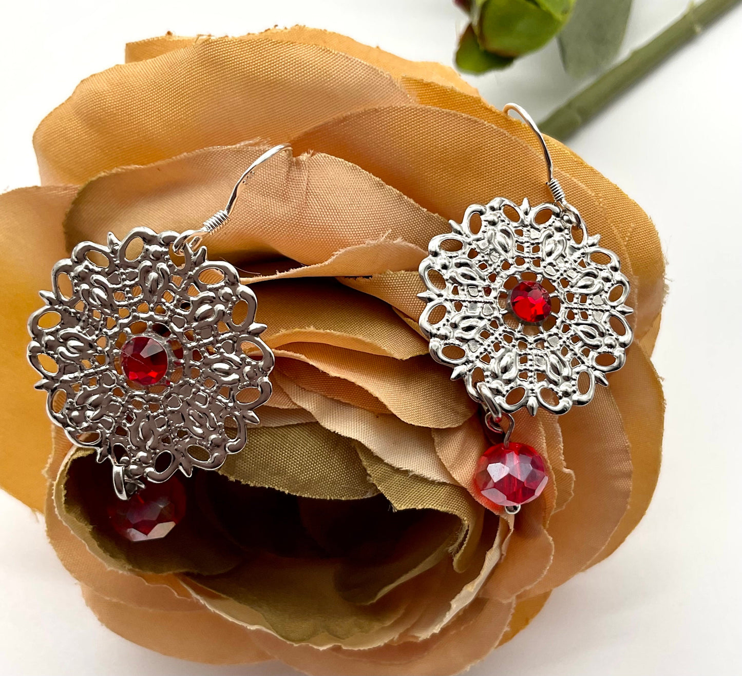 Silver Red Rhinestone Accent Round Dangle Earrings Christmas Holiday Jewelry