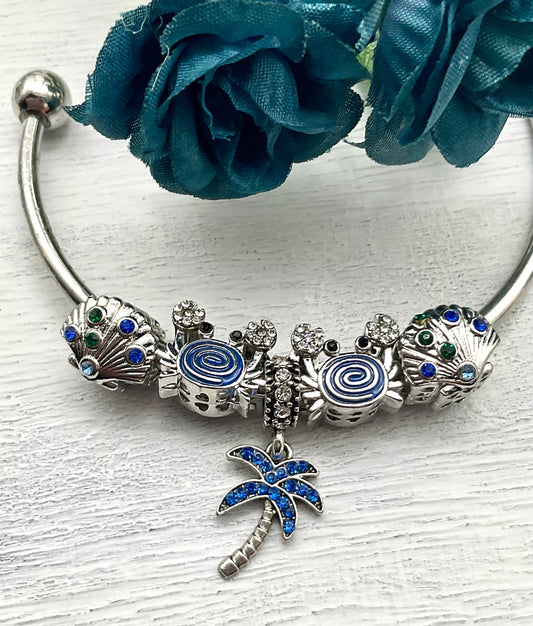 Tropical Beach Ocean Theme Charm Bracelet - Pandora Style Blue September Birthstone