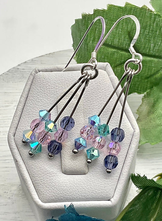 Multi Colored Crystal Dangle Earrings - Aqua, Pink and Purple