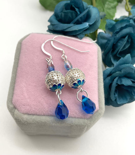 Mother of Pearl Blue Dangle Drop Earrings with Swarovski Crystal Drop - 925 Sterling Silver Ear Wires