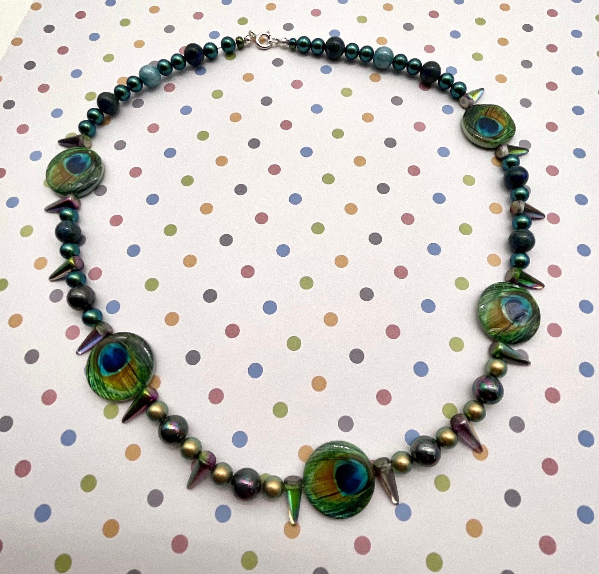 Teal Turquoise Green Peacock Swarovski Pearl Necklace