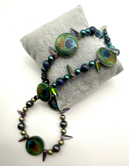 Teal Turquoise Green Peacock Swarovski Pearl Necklace