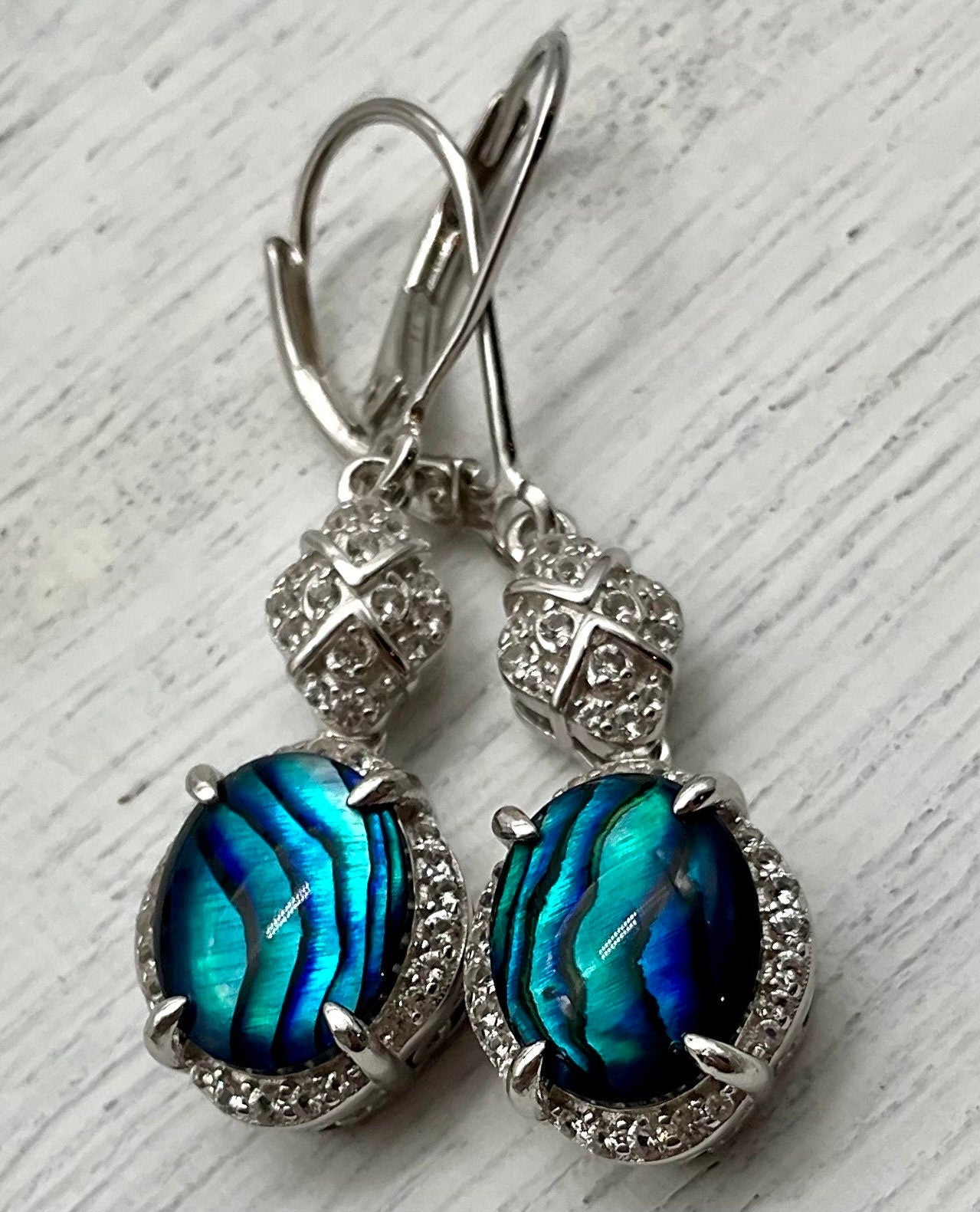 Sterling Silver Teal - Blue Abalone Shell Drop Dangle Earrings with CZ Accents