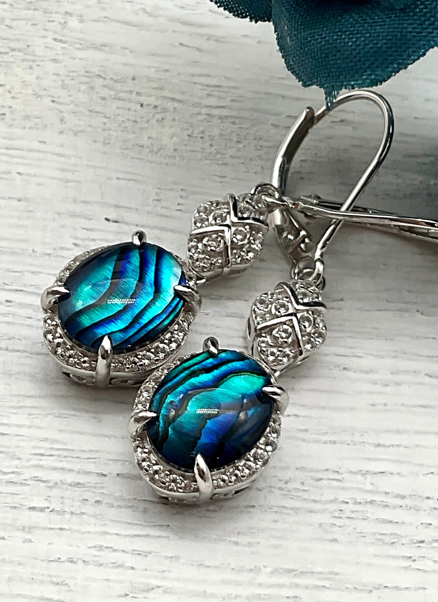 Sterling Silver Teal - Blue Abalone Shell Drop Dangle Earrings with CZ Accents