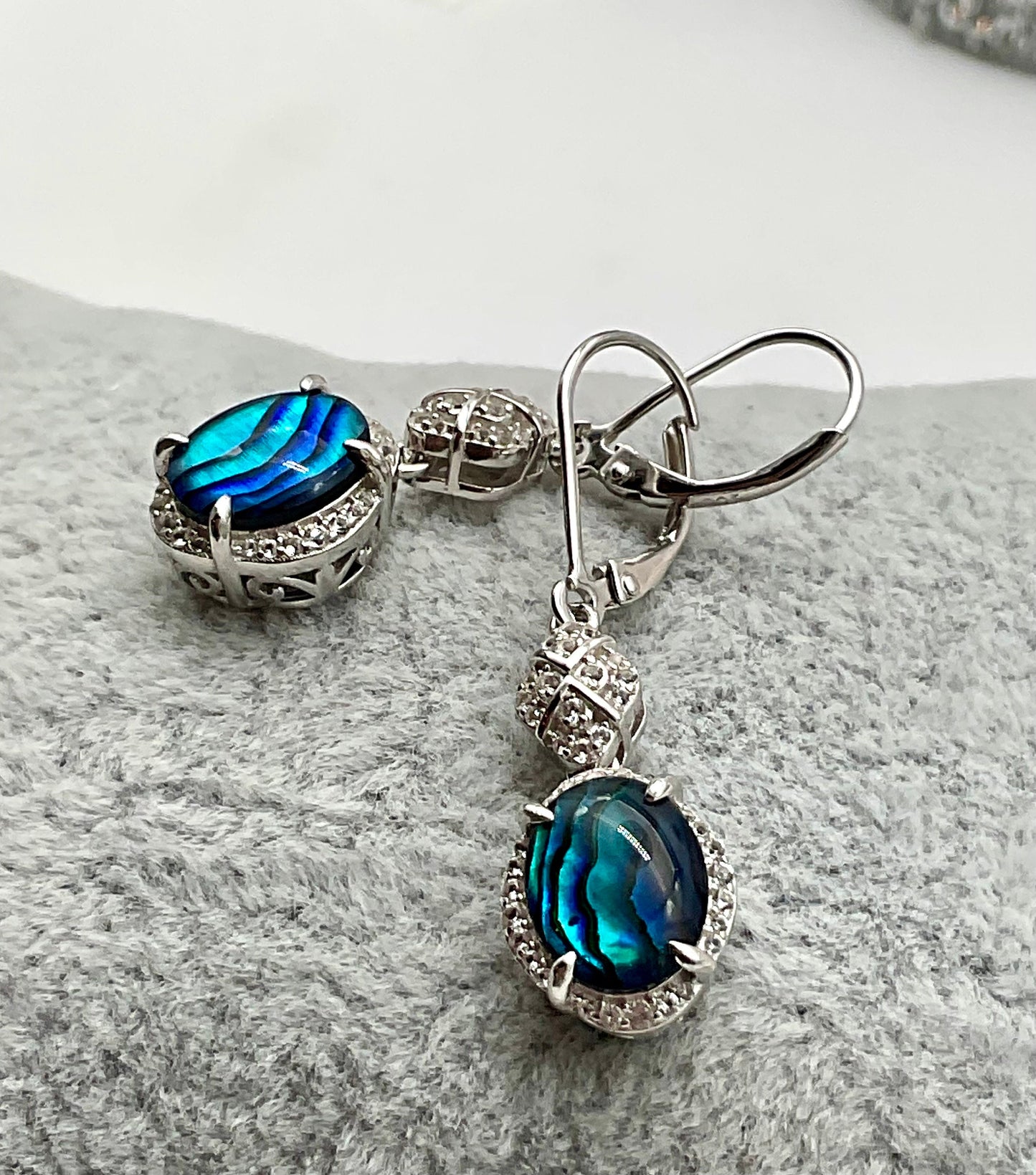 Sterling Silver Teal - Blue Abalone Shell Drop Dangle Earrings with CZ Accents