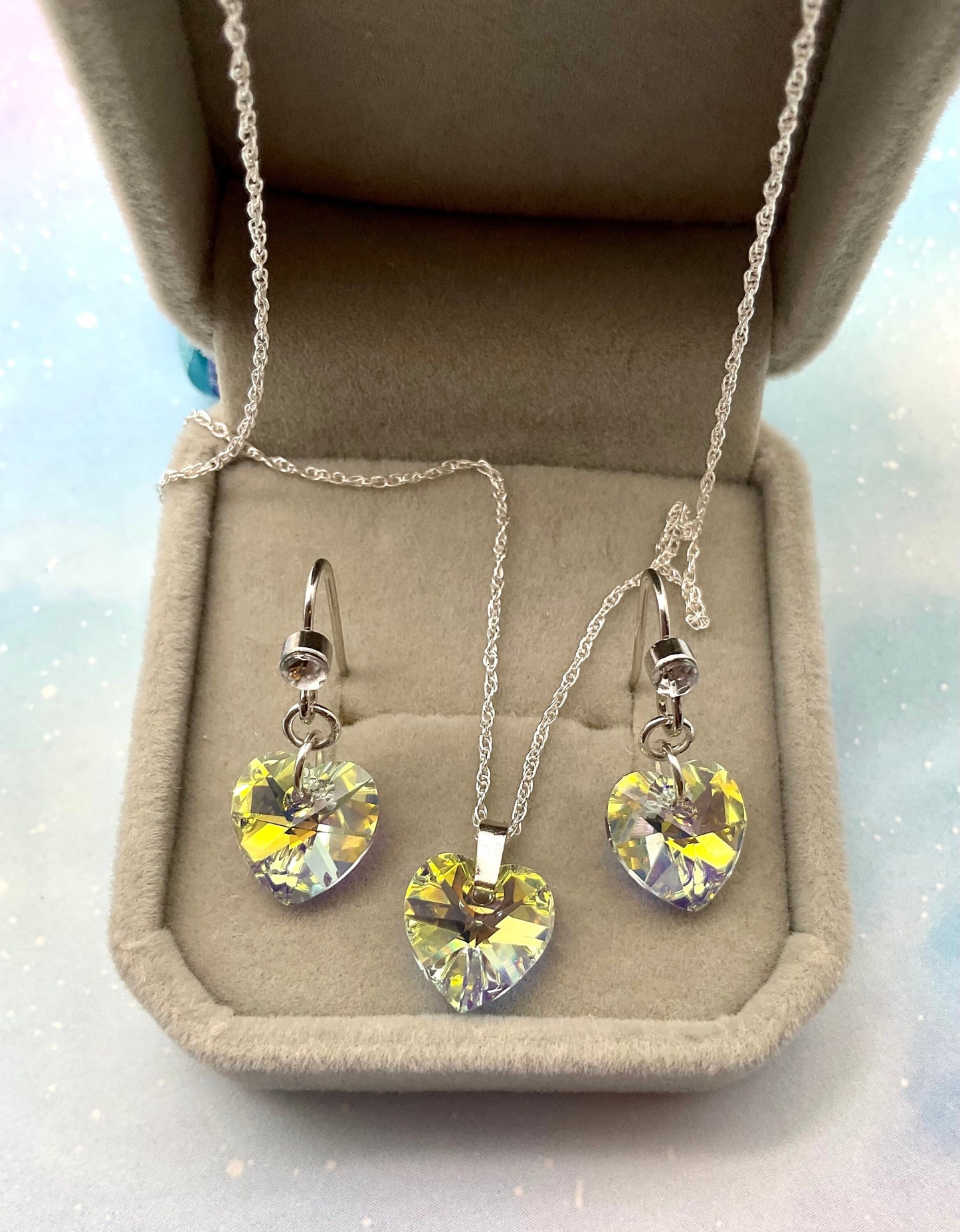 Swarovski AB Heart Crystal Pendant Necklace and Earring Set