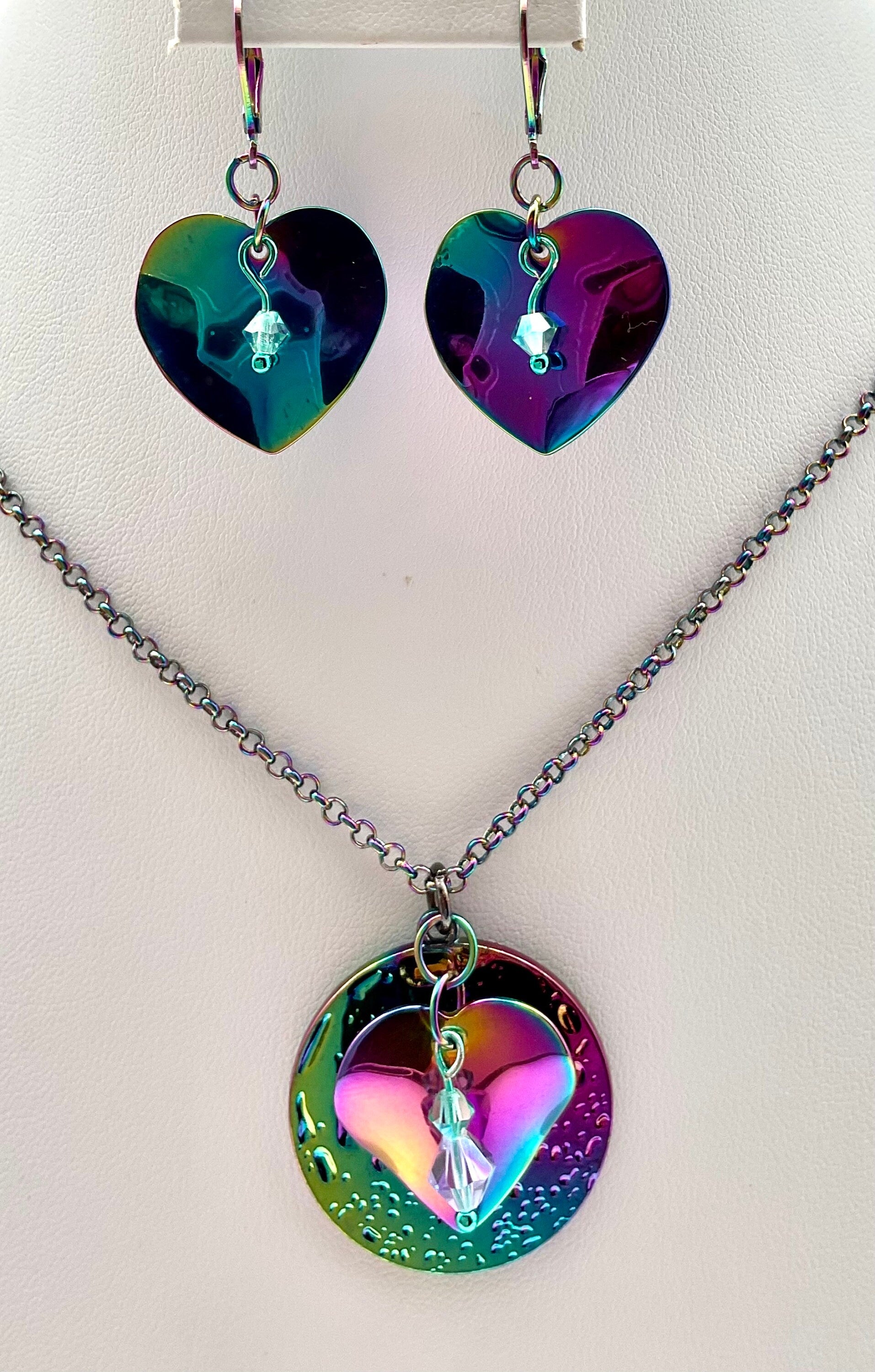 Iridescent Rainbow Heart Necklace and Earring Set with Crystal Accents