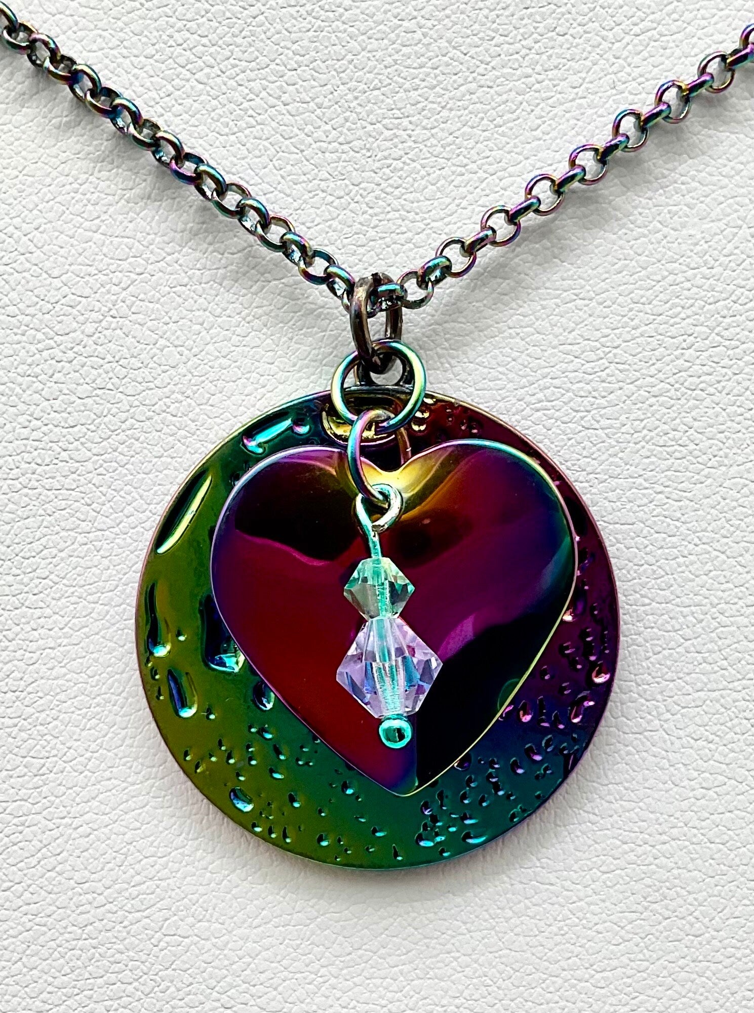 Iridescent Rainbow Heart Necklace and Earring Set with Crystal Accents