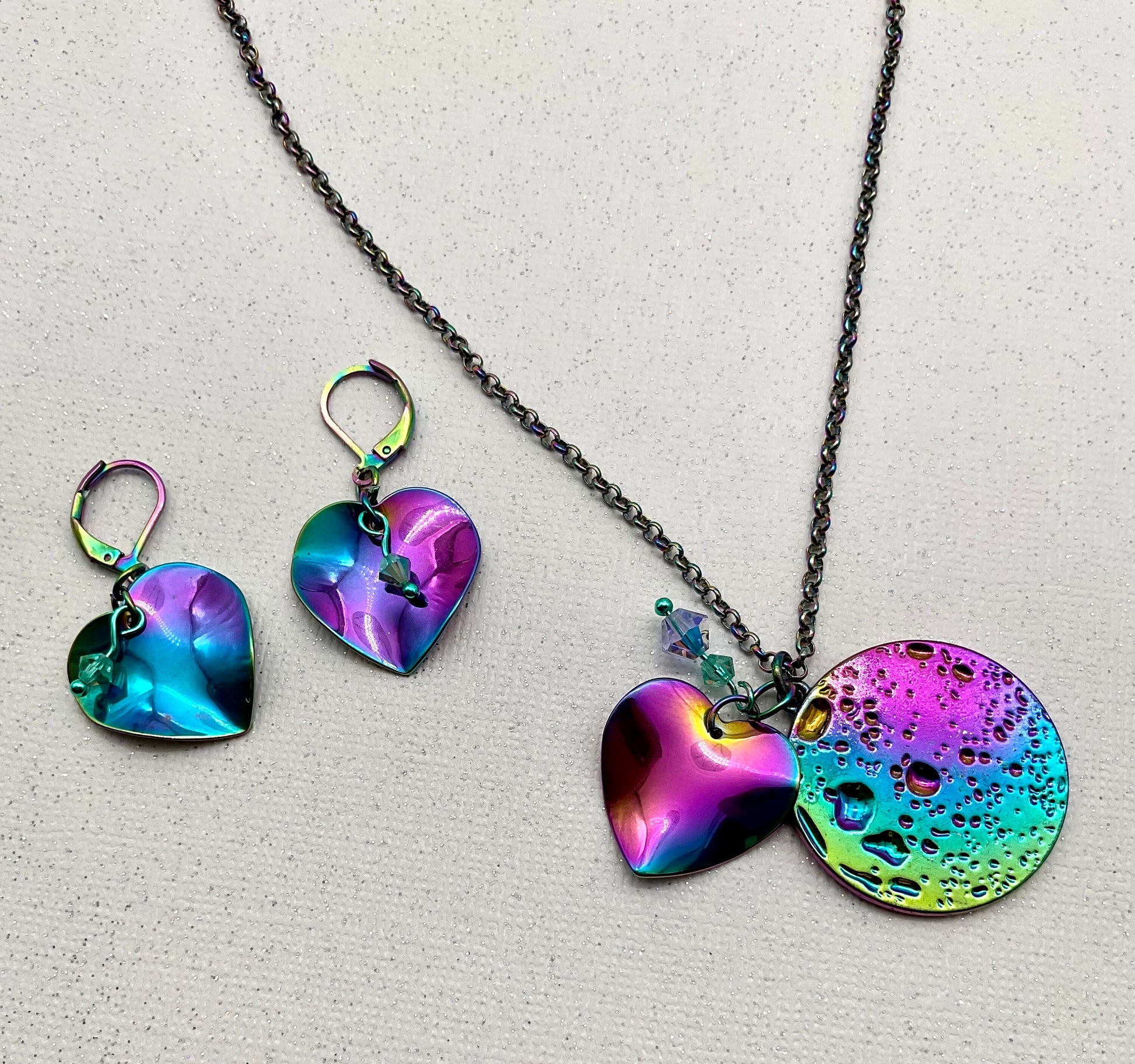 Iridescent Rainbow Heart Necklace and Earring Set with Crystal Accents