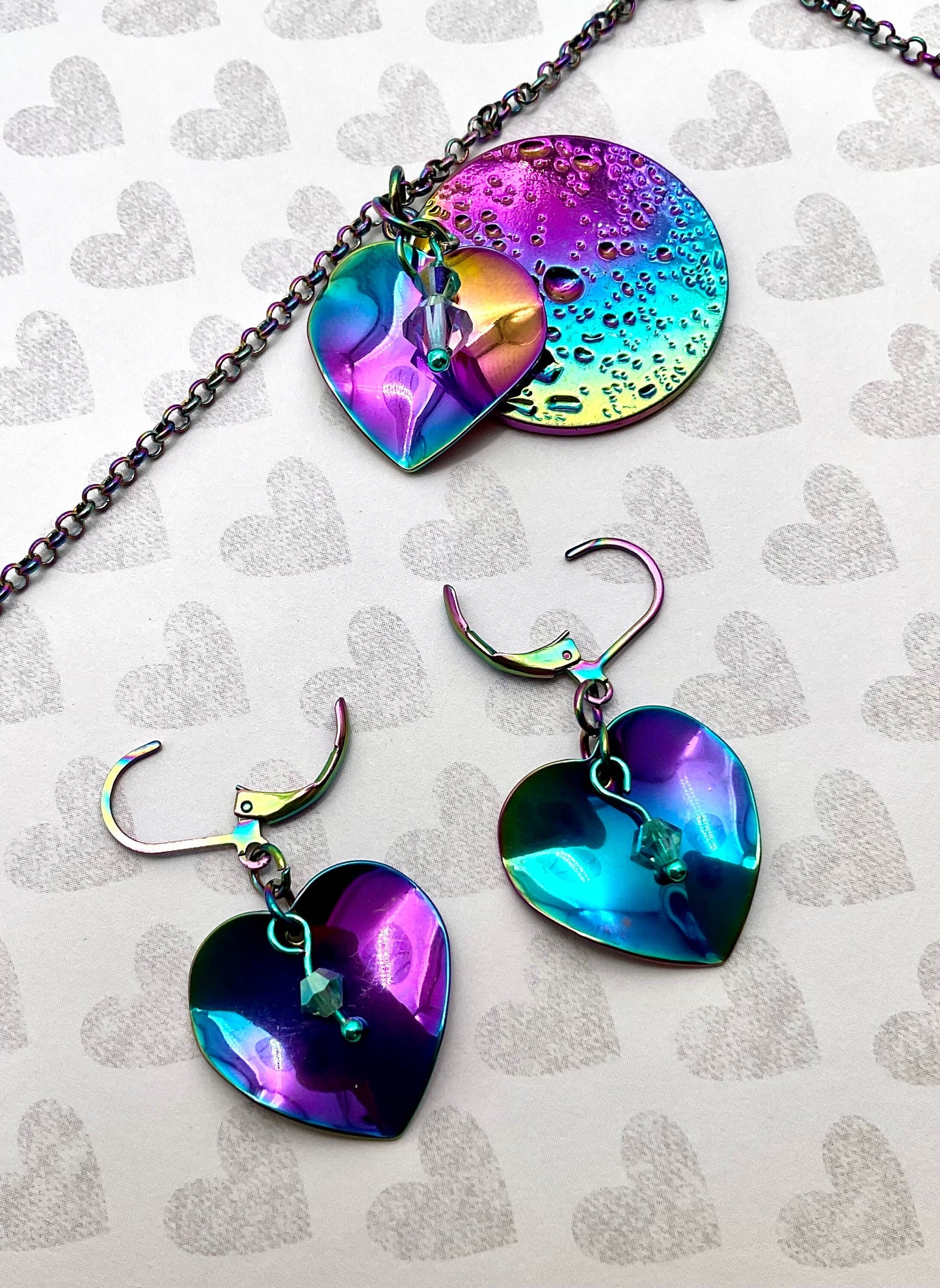 Iridescent Rainbow Heart Necklace and Earring Set with Crystal Accents