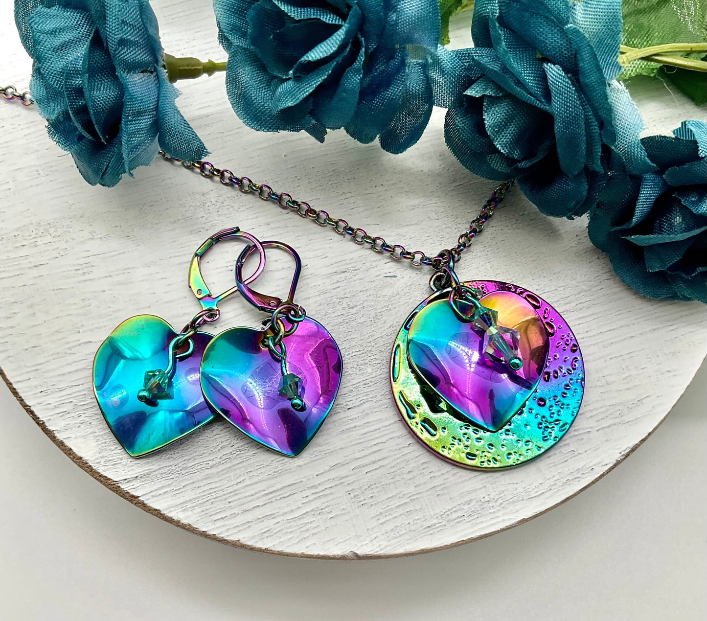 Iridescent Rainbow Heart Necklace and Earring Set with Crystal Accents