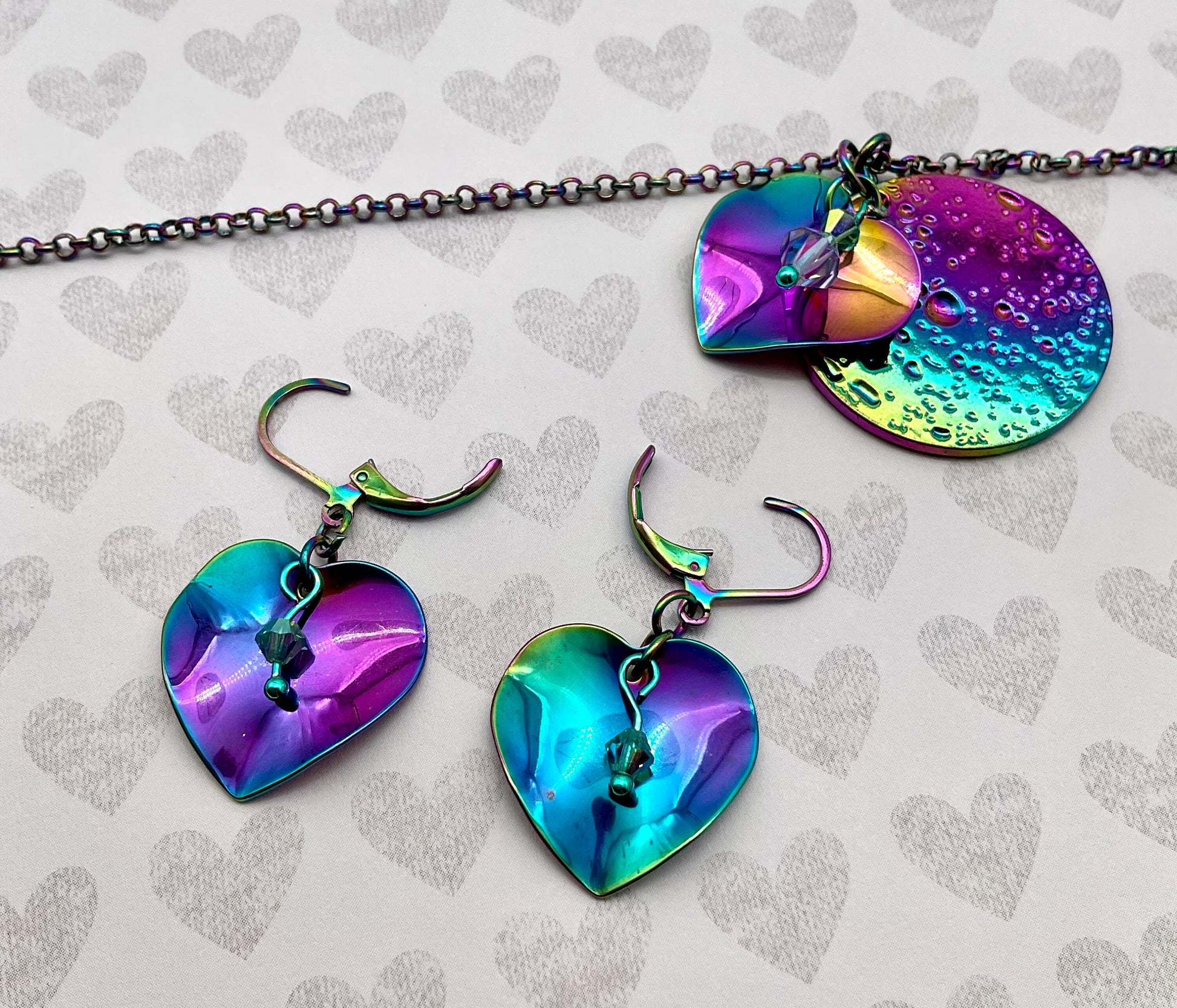 Iridescent Rainbow Heart Necklace and Earring Set with Crystal Accents