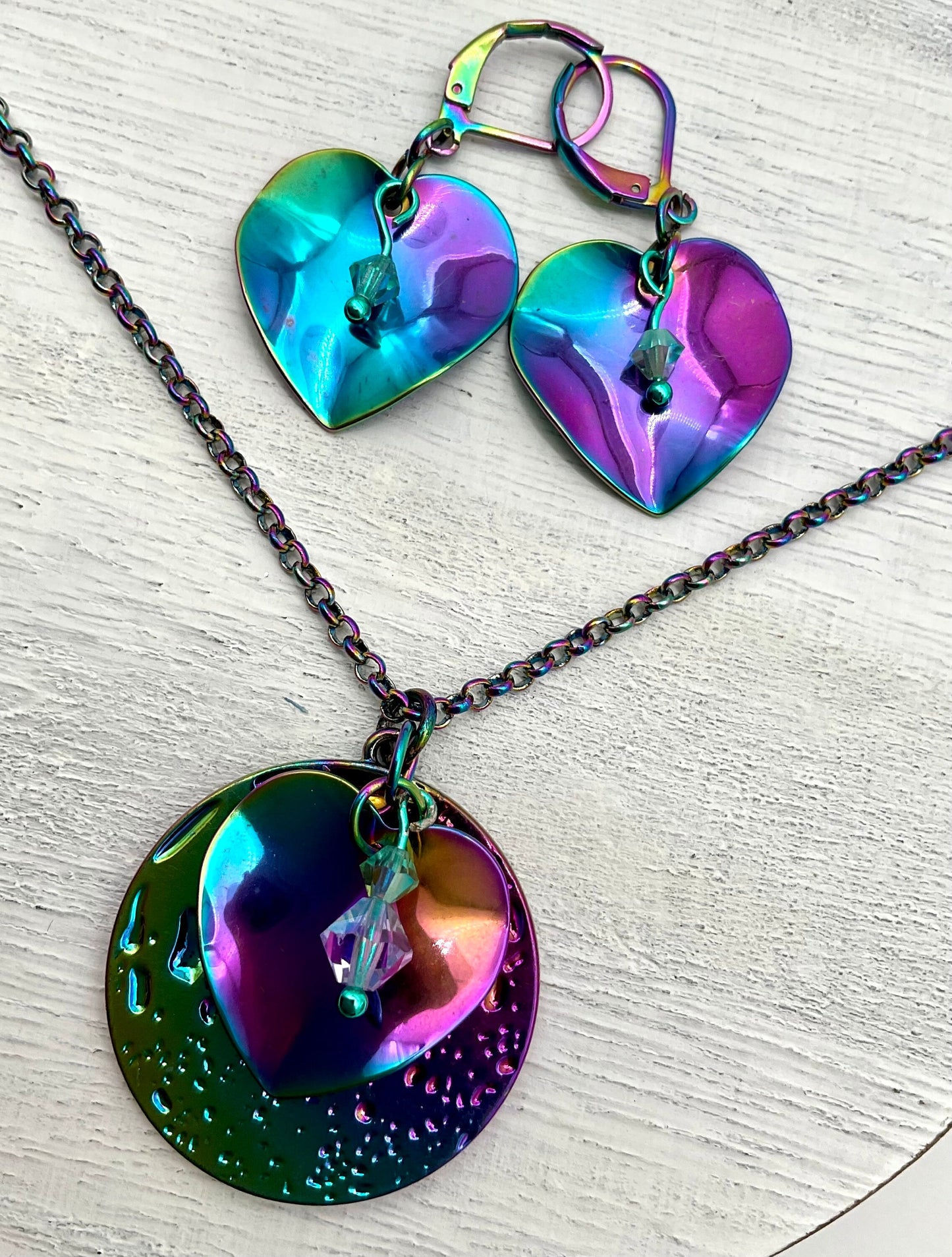 Iridescent Rainbow Heart Necklace and Earring Set with Crystal Accents