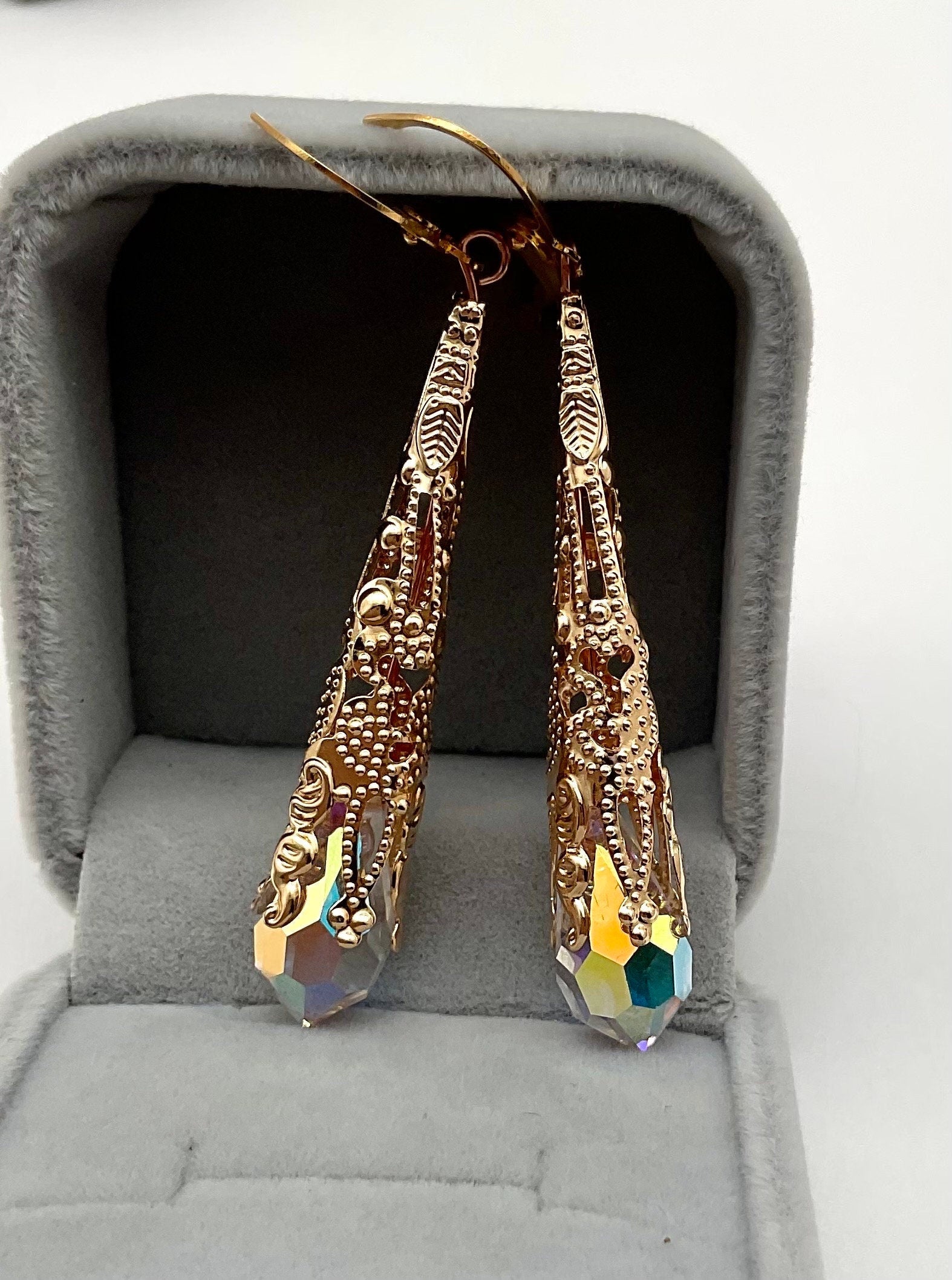 Gold Teardrop Pericosa AB Crystal Dangle Earrings