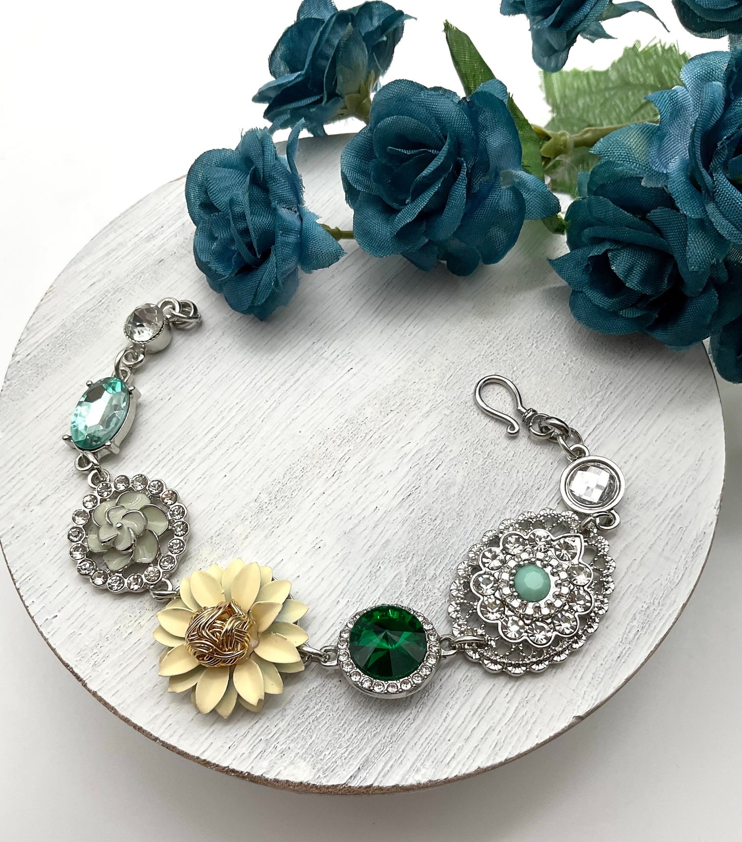 Silver Floral Bracelet - May Birthstone - Emerald Green Colored 7.5 Inch