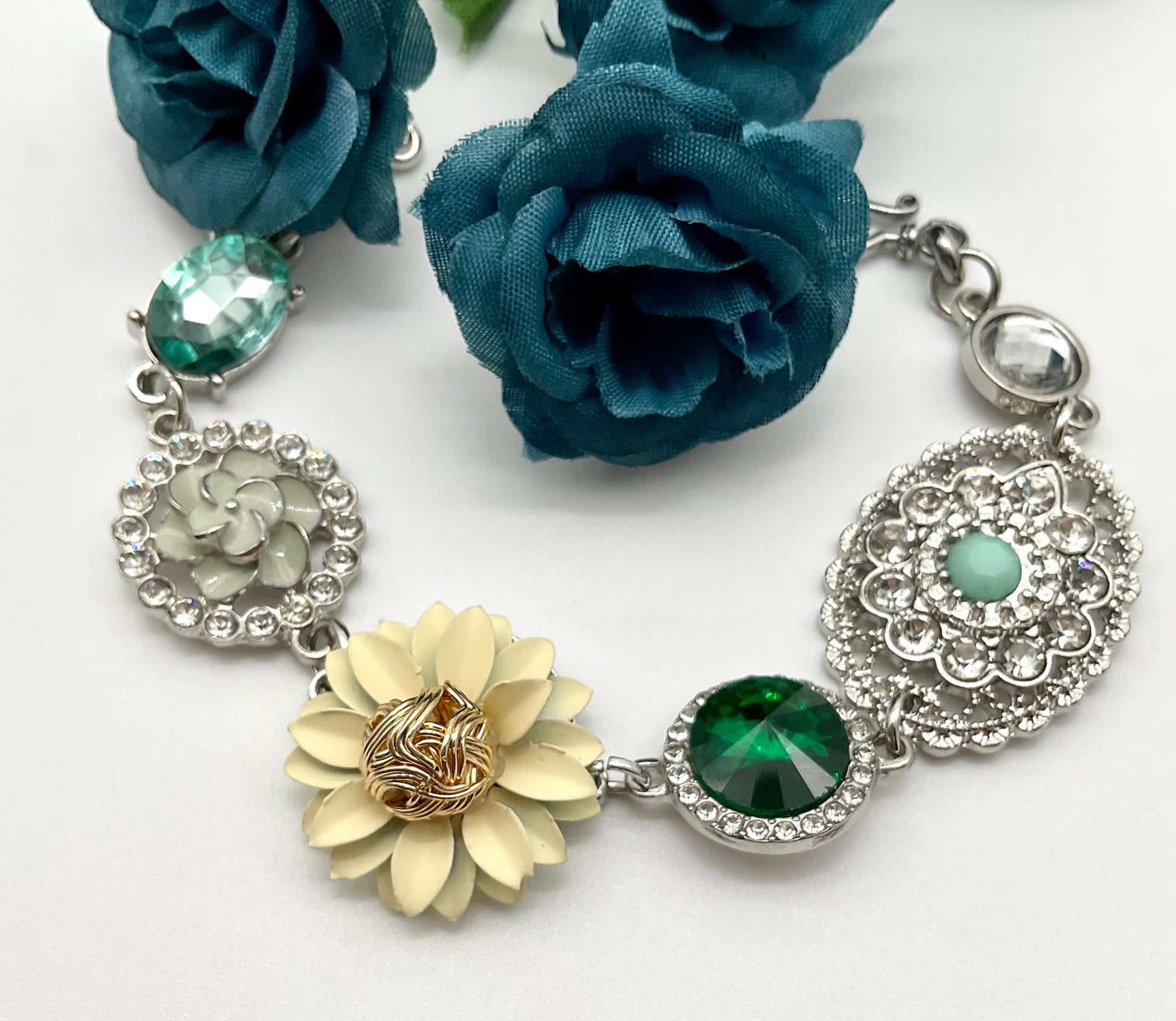 Silver Floral Bracelet - May Birthstone - Emerald Green Colored 7.5 Inch