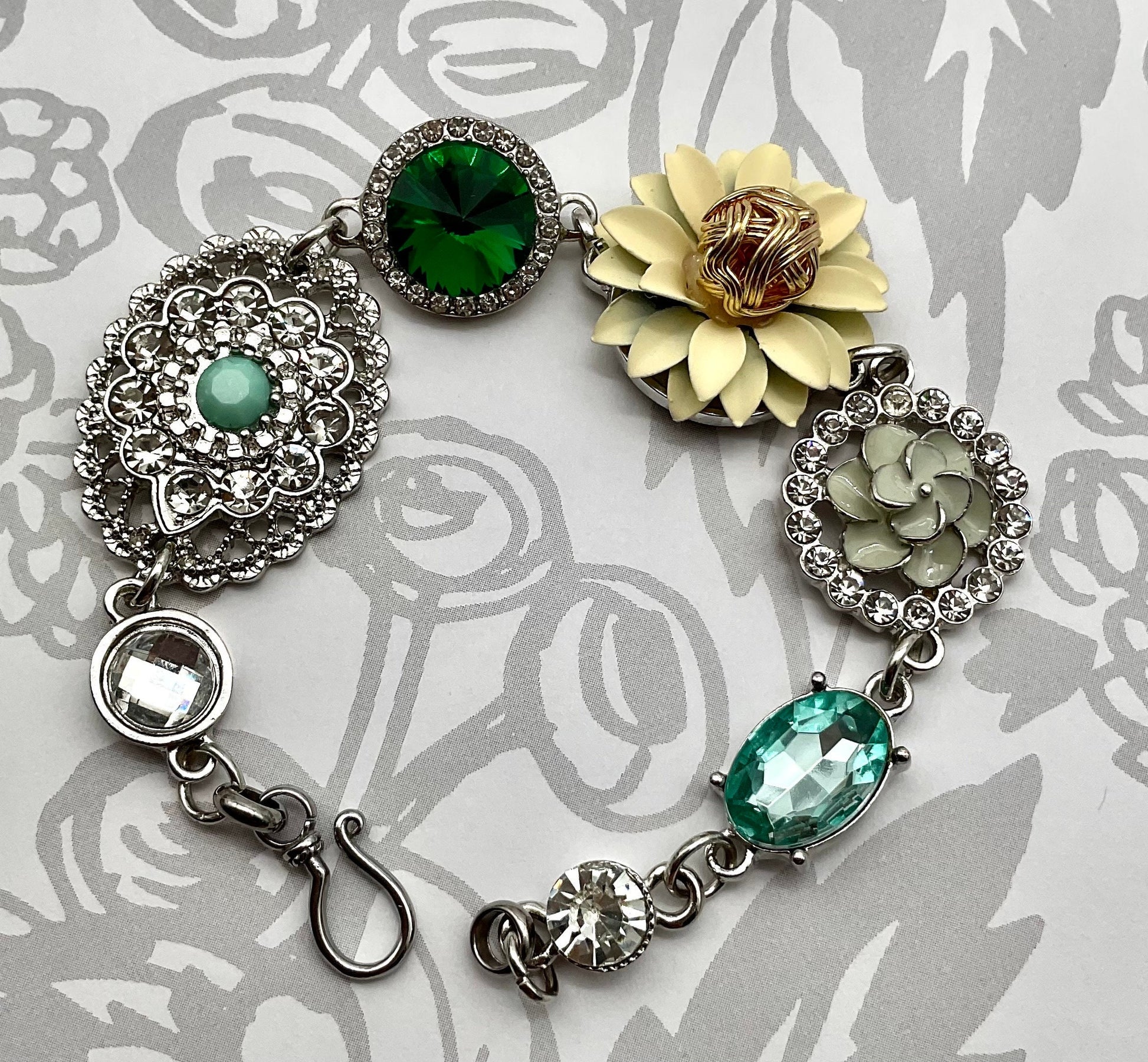 Silver Floral Bracelet - May Birthstone - Emerald Green Colored 7.5 Inch