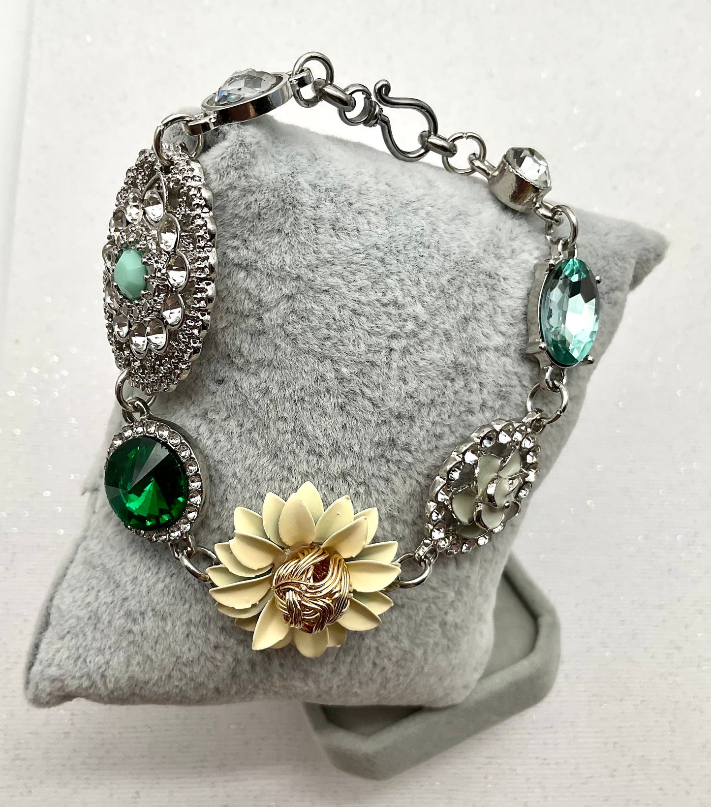 Silver Floral Bracelet - May Birthstone - Emerald Green Colored 7.5 Inch