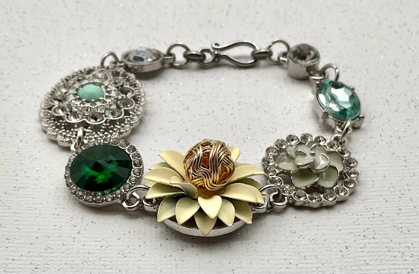 Silver Floral Bracelet - May Birthstone - Emerald Green Colored 7.5 Inch