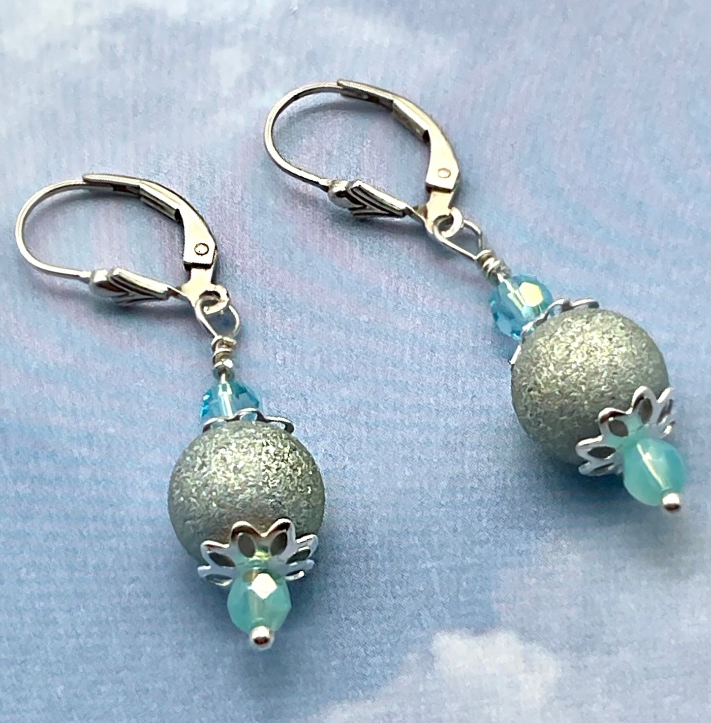 Powder Baby Blue Dangle Drop Earrings with Crystal Earrings and all 925 Sterling Silver Fittings