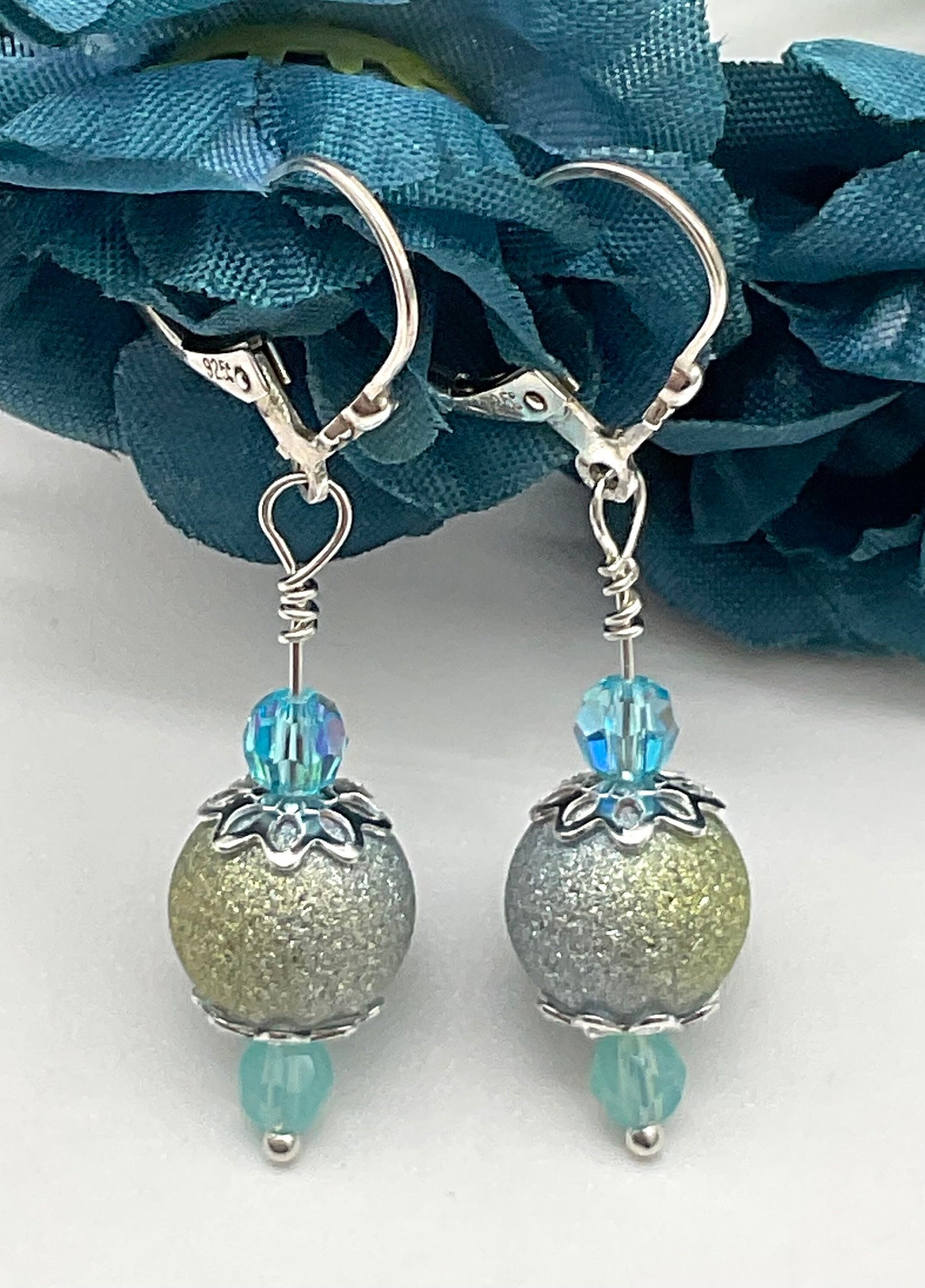 Powder Baby Blue Dangle Drop Earrings with Crystal Earrings and all 925 Sterling Silver Fittings