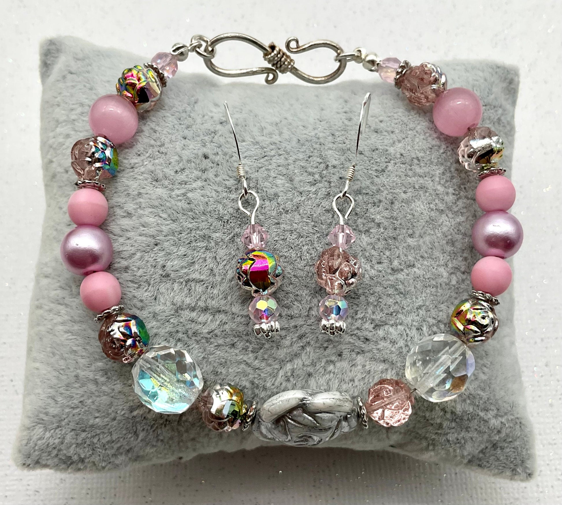 Pink Floral Pearl and Crystal Beaded Bracelet with Matching Earrings