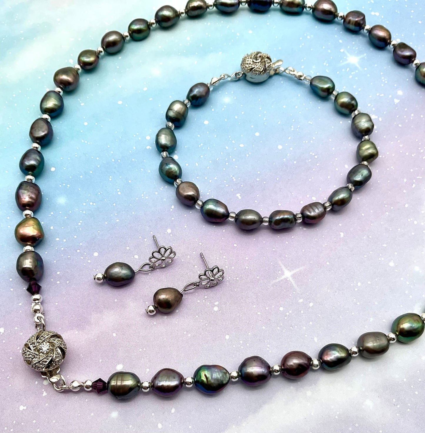 Genuine Baroque Turquoise Peacock Purple Colored Pearl Necklace with Silver Beads and Matching Bracelet and Earring Set