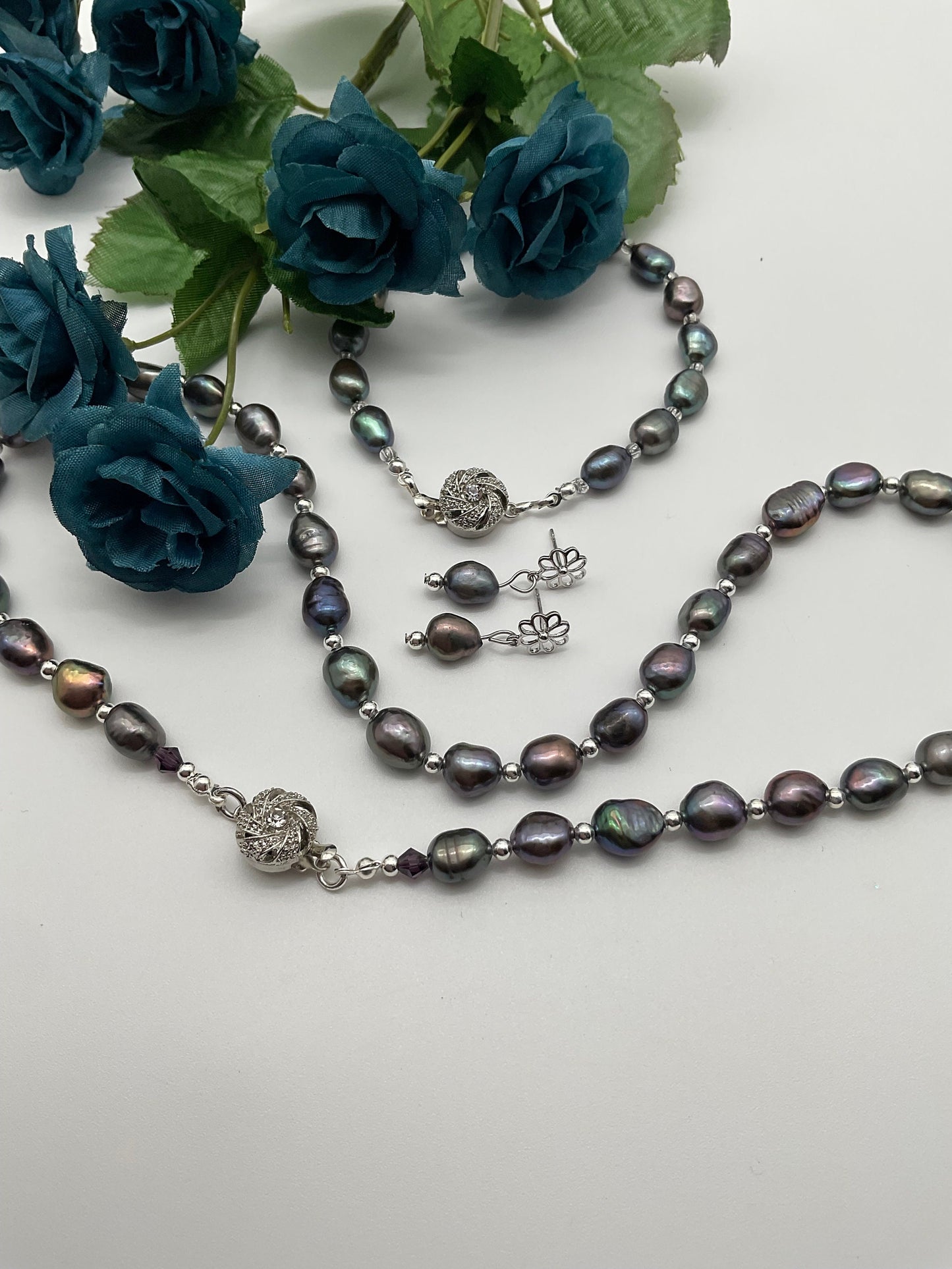 Genuine Baroque Turquoise Peacock Purple Colored Pearl Necklace with Silver Beads and Matching Bracelet and Earring Set