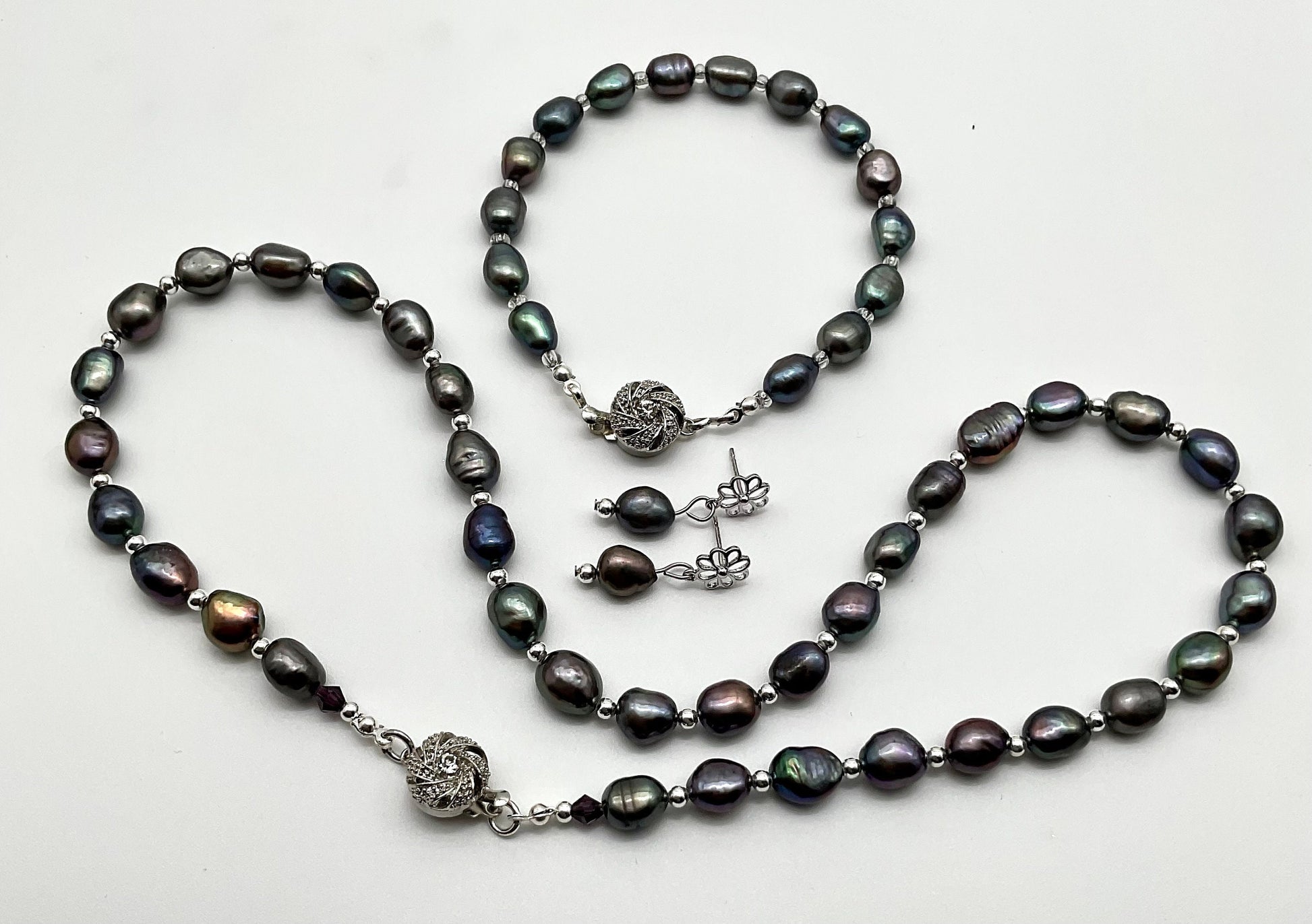 Genuine Baroque Turquoise Peacock Purple Colored Pearl Necklace with Silver Beads and Matching Bracelet and Earring Set