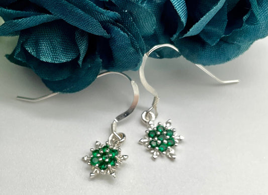 Emerald Green Snowflake Birthstone Swarovski Crystal Earrings - May Birthstone Christmas Holiday Jewelry