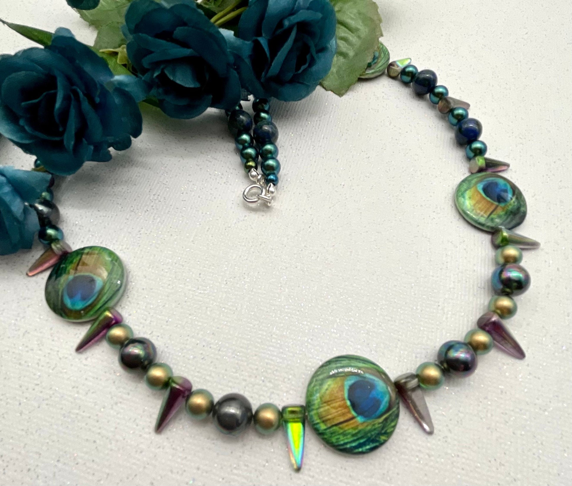 Teal Turquoise Green Peacock Swarovski Pearl Necklace