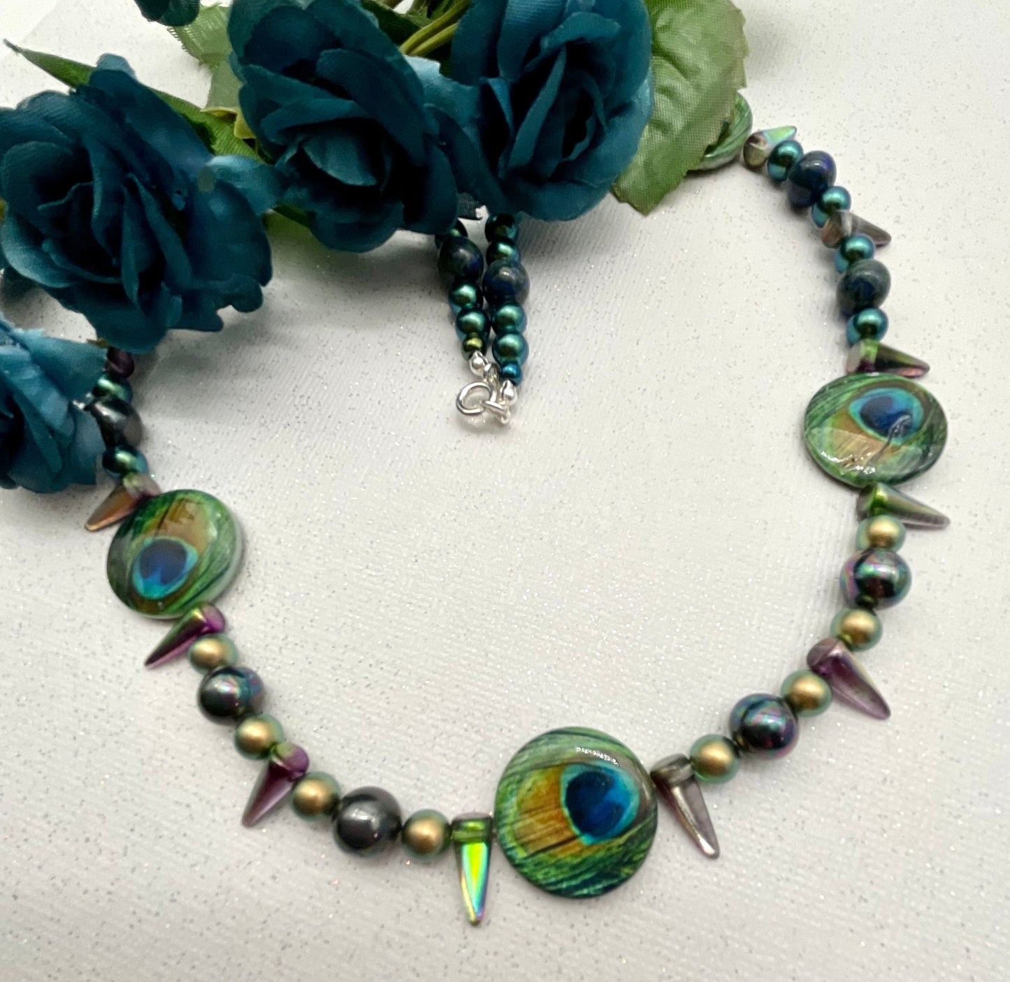 Teal Turquoise Green Peacock Swarovski Pearl Necklace