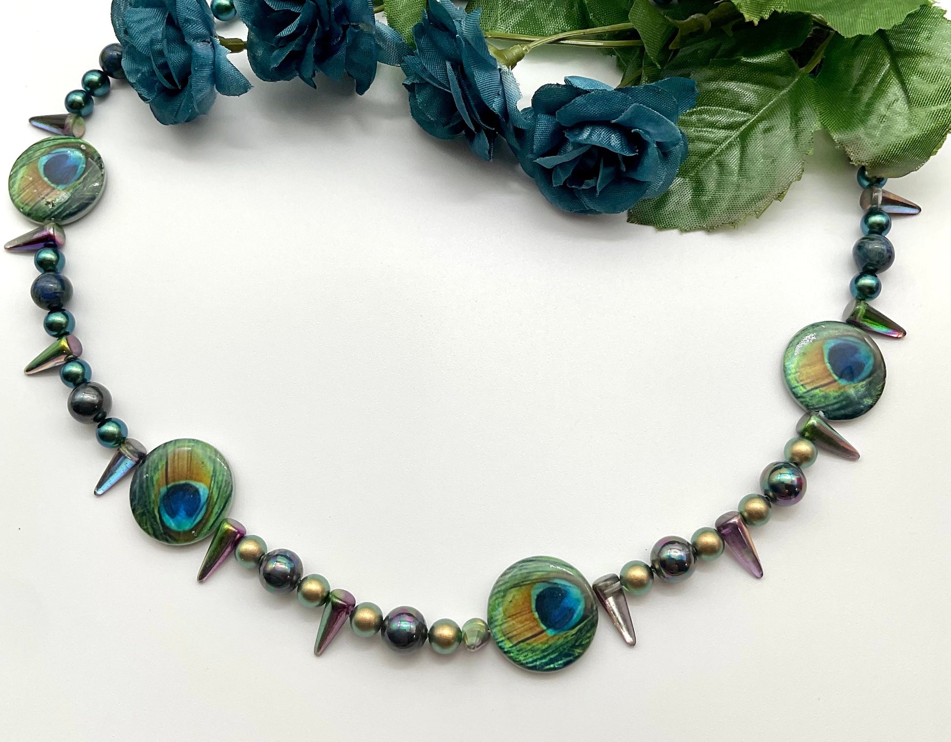 Teal Turquoise Green Peacock Swarovski Pearl Necklace