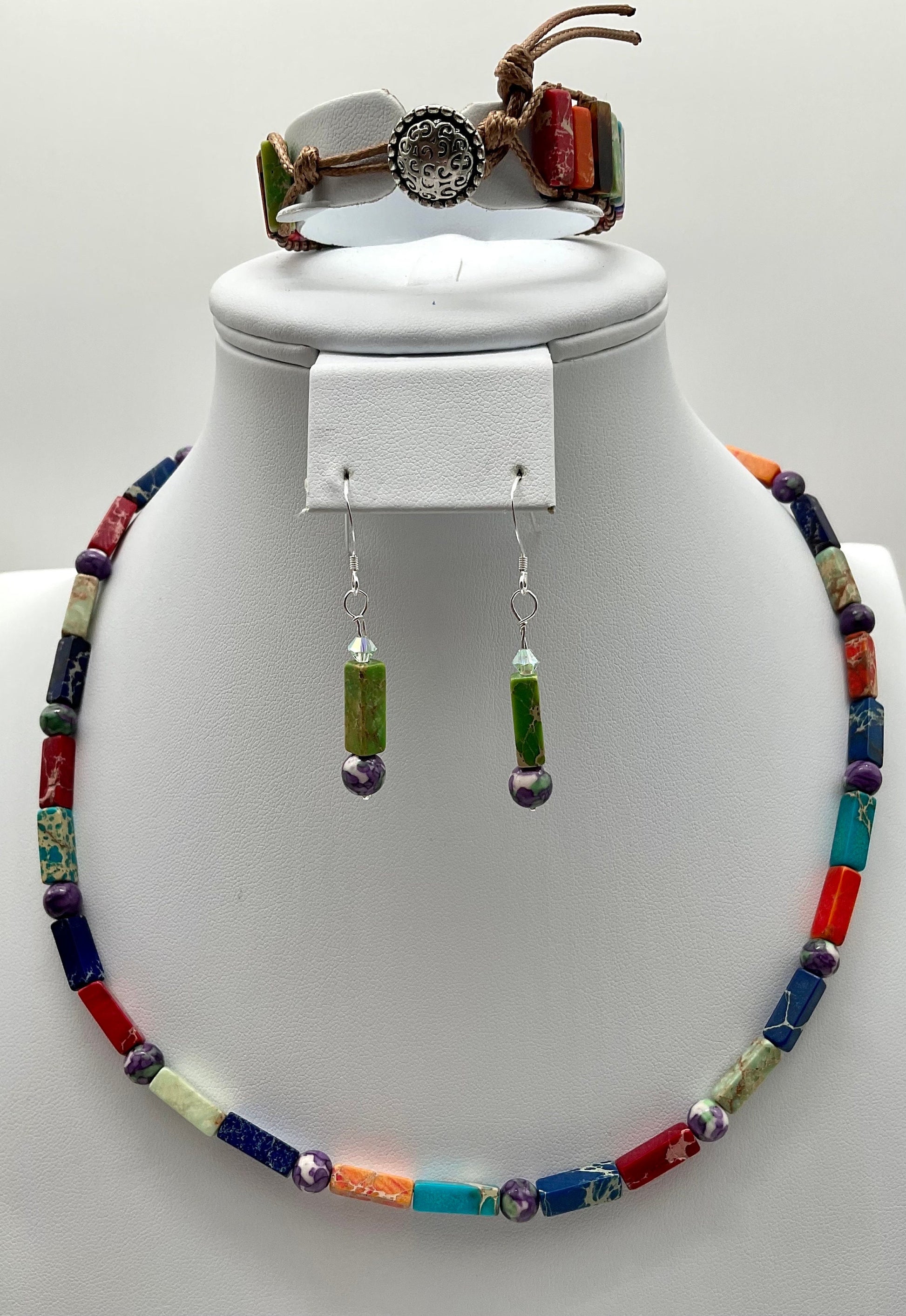 Multi Colored Natural Agate Stone Beaded Necklace, Bracelet with Matching Earrings