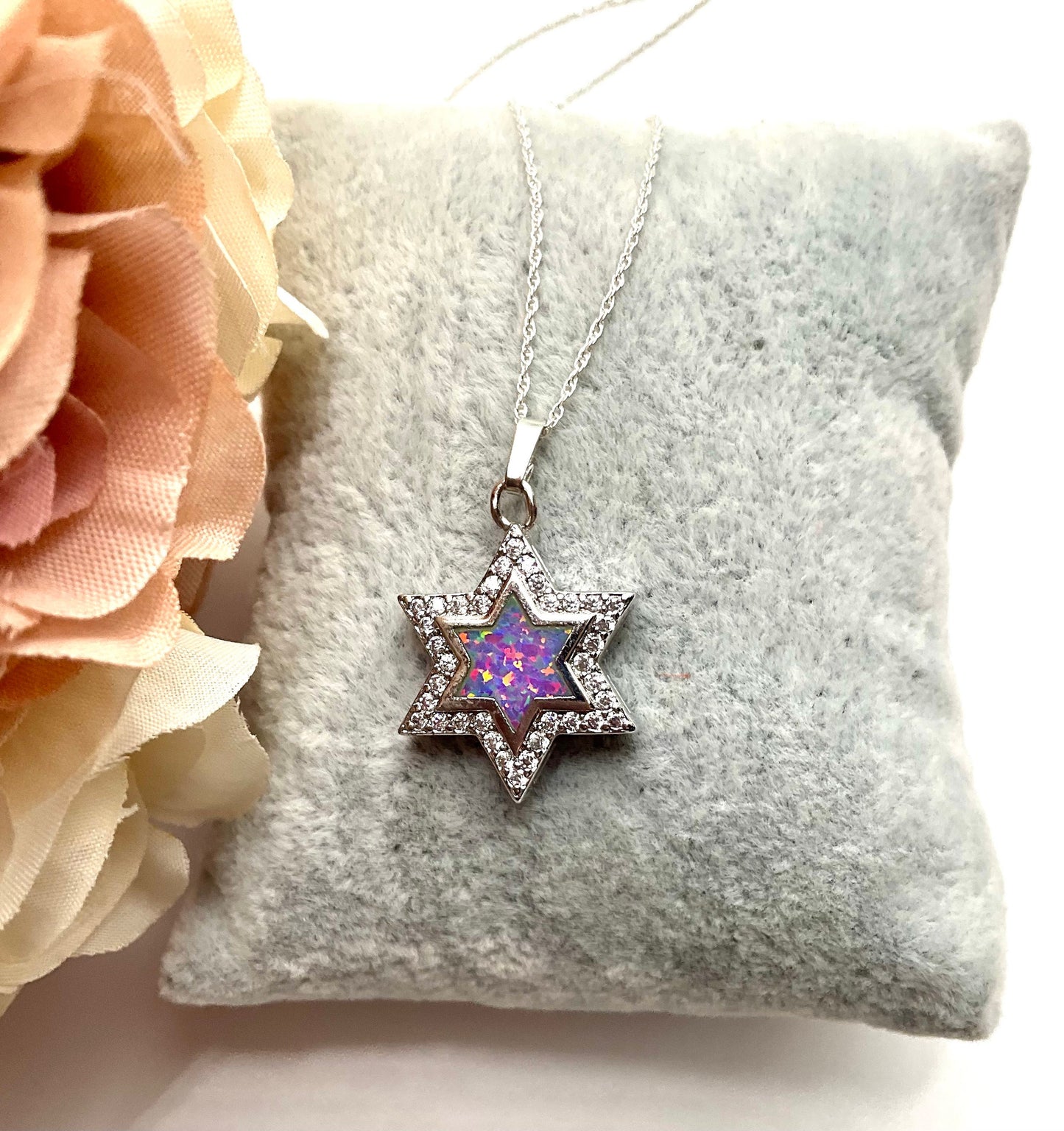 Pink Opal - Star of David Cross - Jewish - Christian Religious Necklace on an 18” 925 Sterling Silver Rope Chain