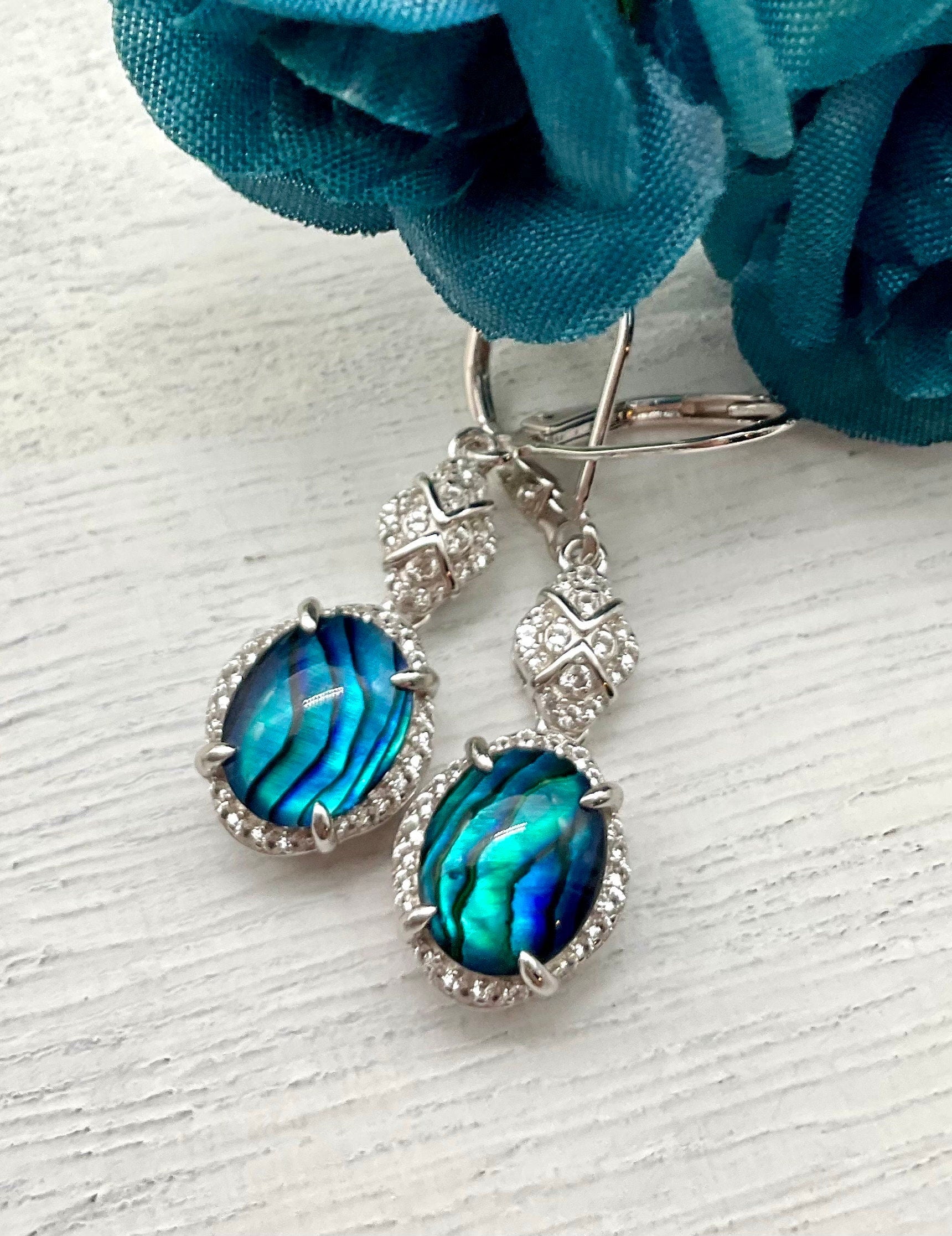 Sterling Silver Teal - Blue Abalone Shell Drop Dangle Earrings with CZ Accents