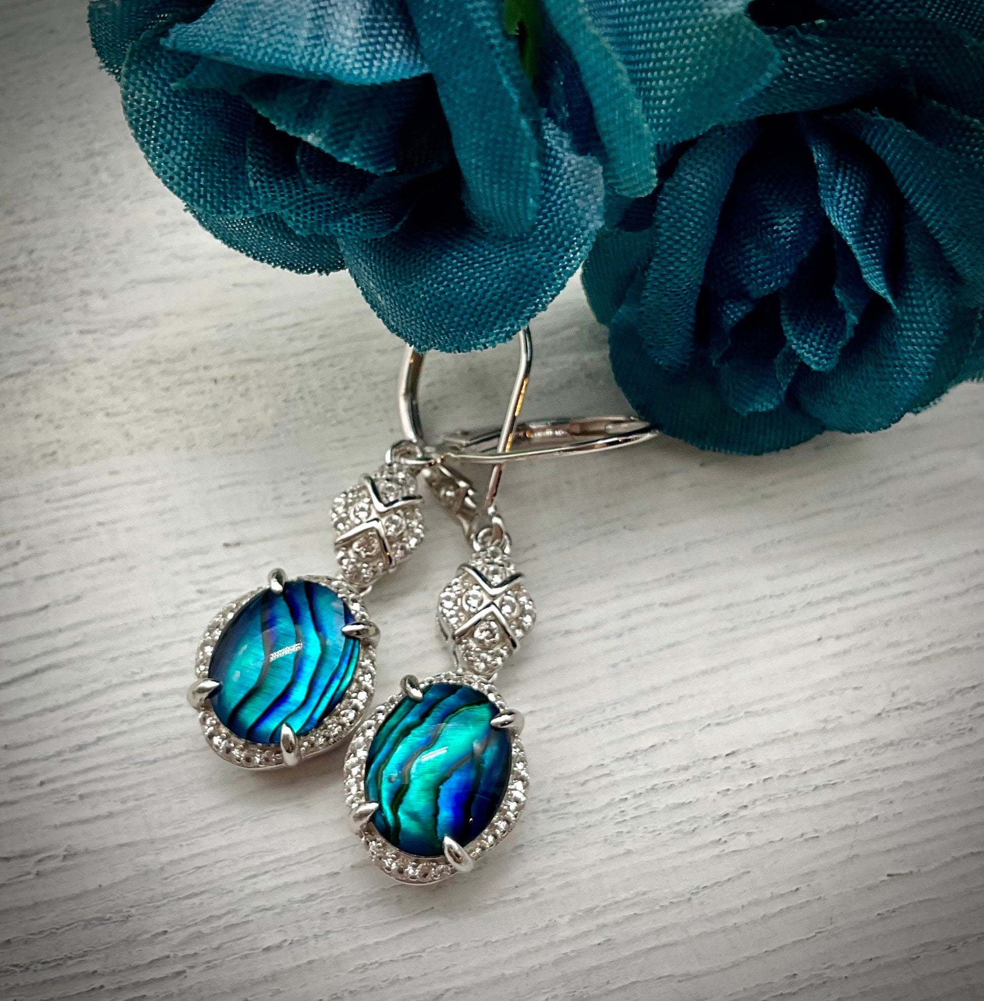 Sterling Silver Teal - Blue Abalone Shell Drop Dangle Earrings with CZ Accents