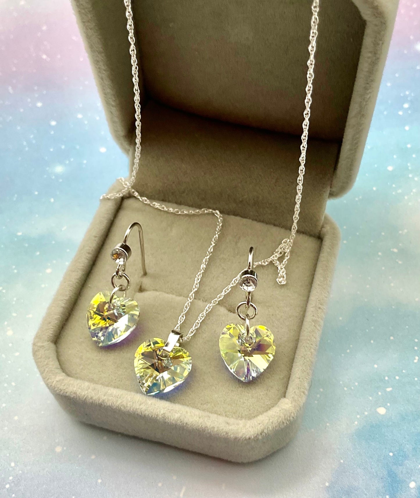 Swarovski AB Heart Crystal Pendant Necklace and Earring Set