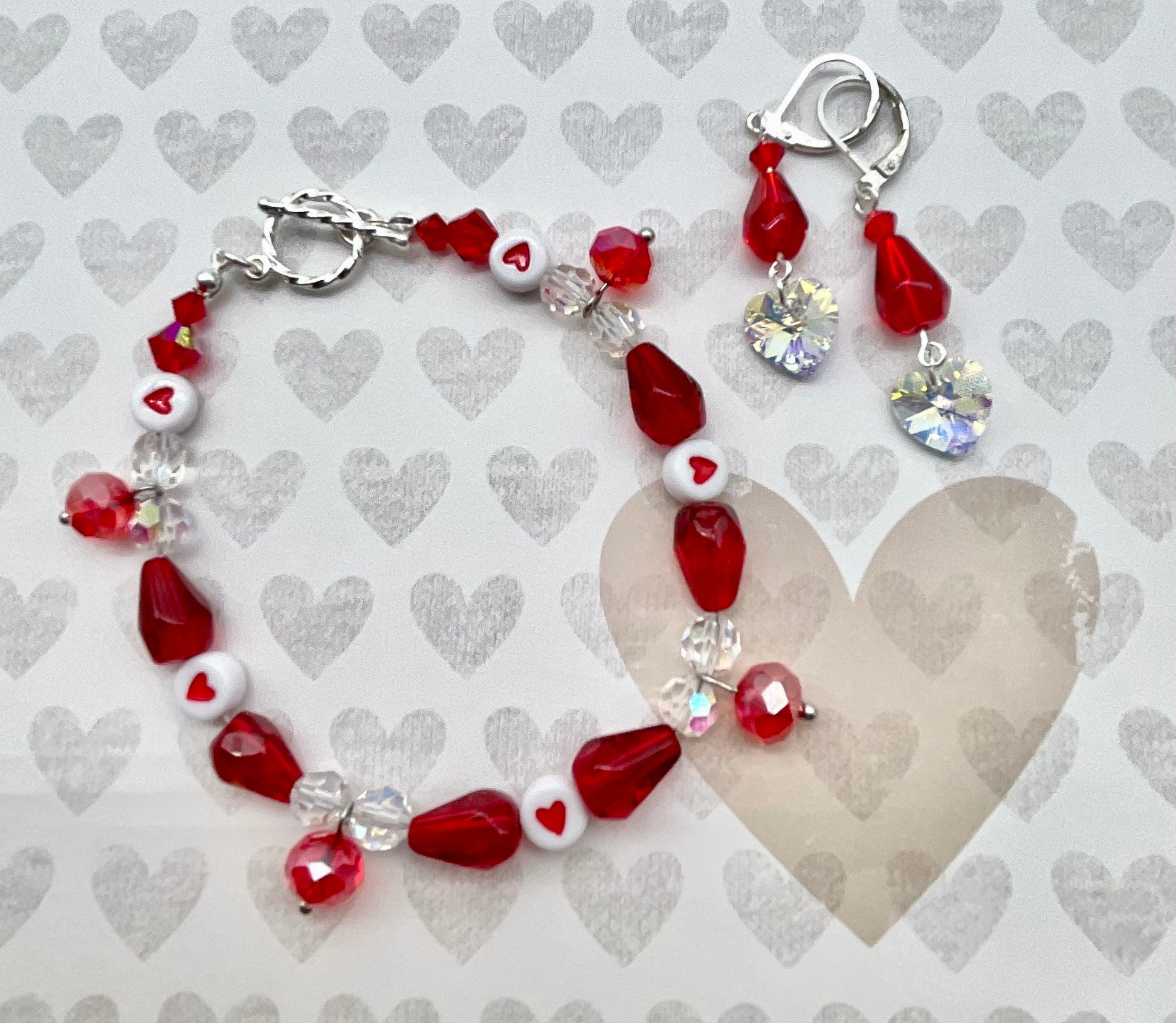 Red Crystal and Heart Bracelet with Matching Earrings